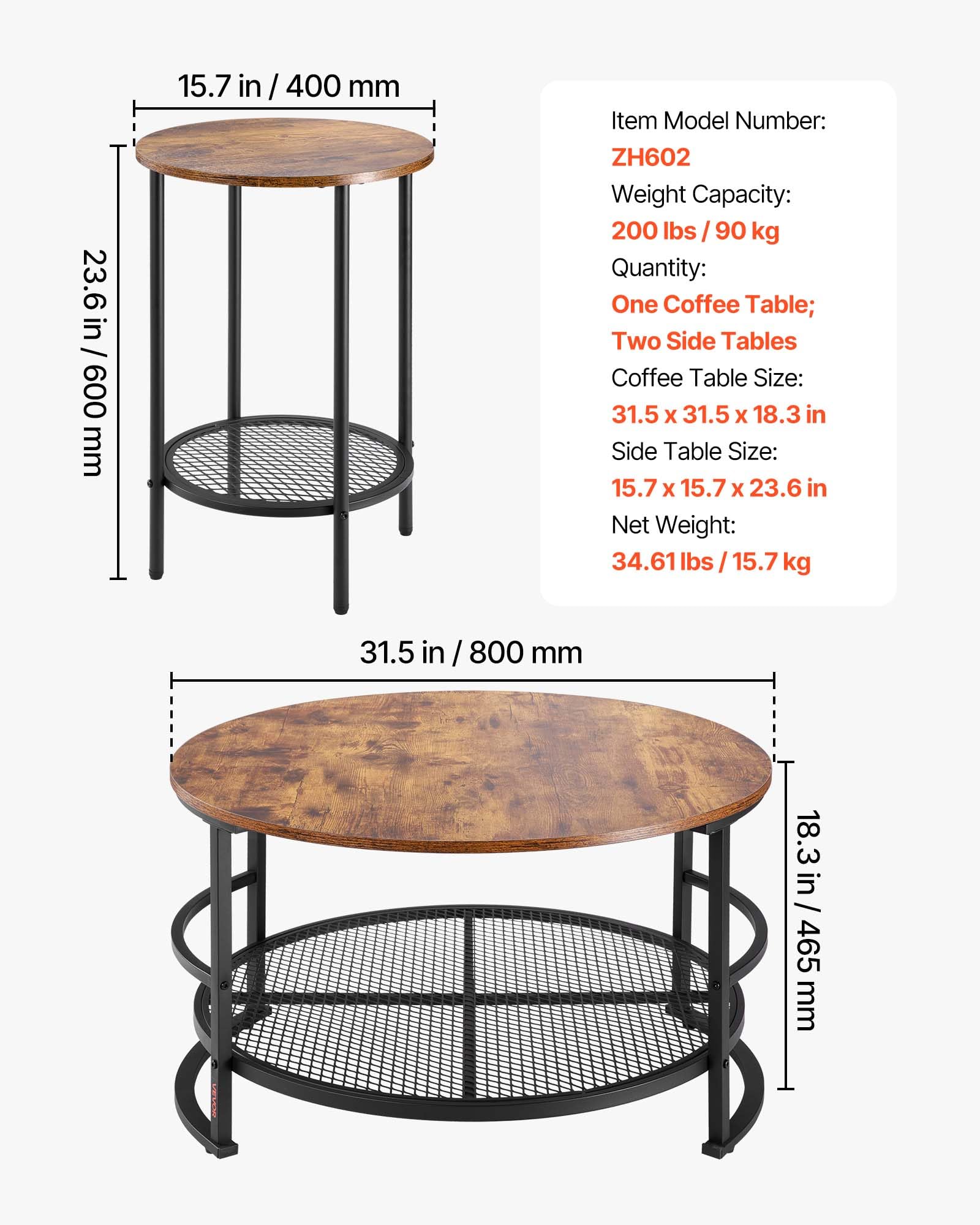 3-Piece Coffee Table Set with 2 End Tables