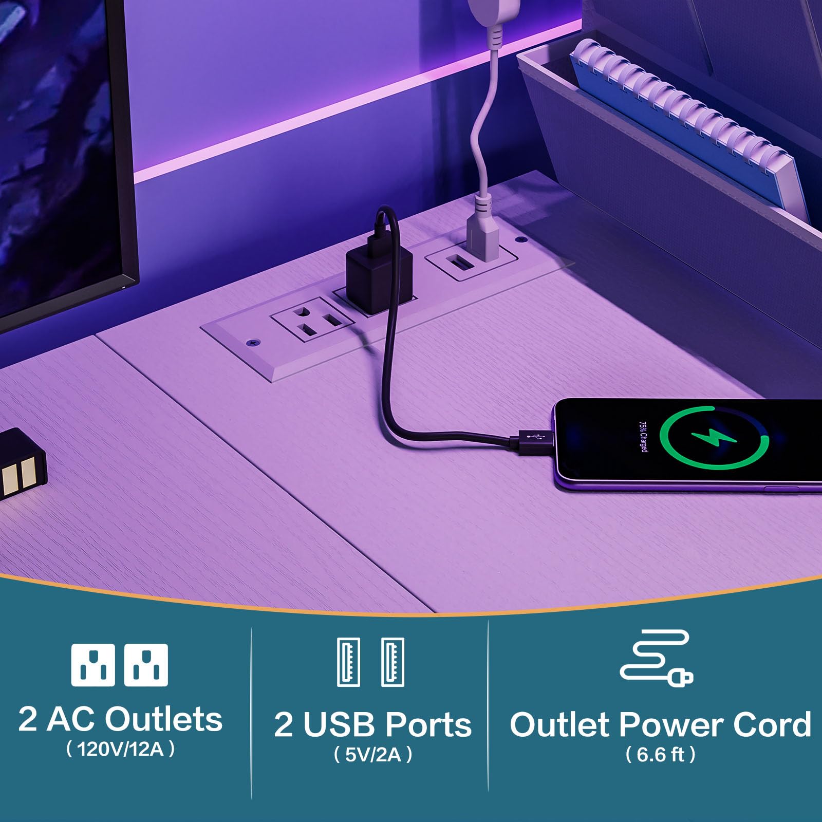 L-Shaped Gaming & Office Desk with LED Lights & Power Strip