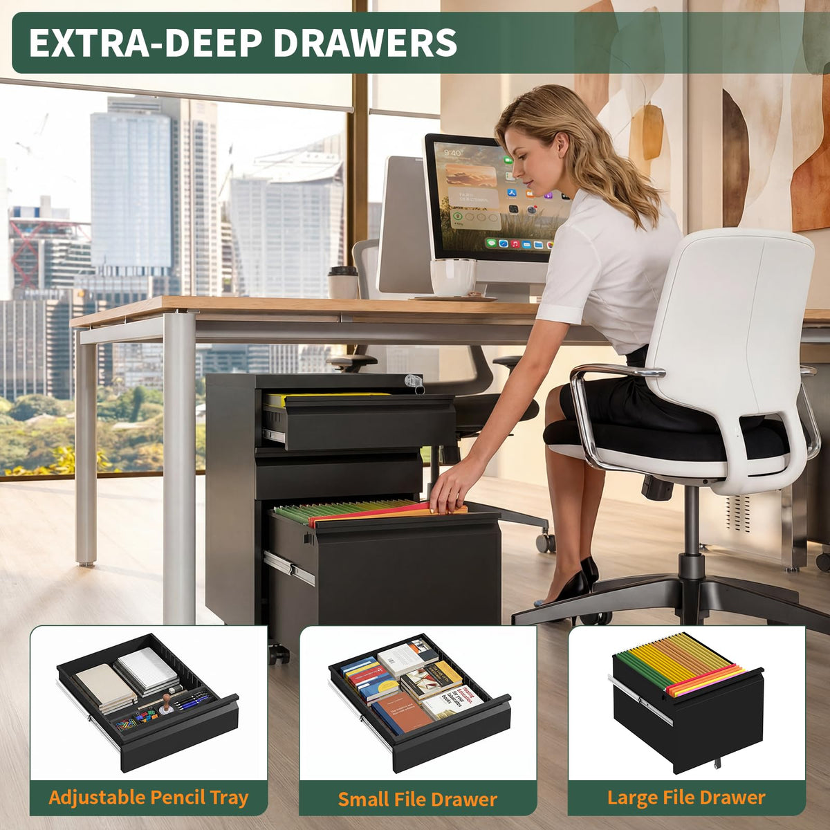 TEEALUBAN 3 Drawer File Cabinet with Lock, Black Metal, Under Desk