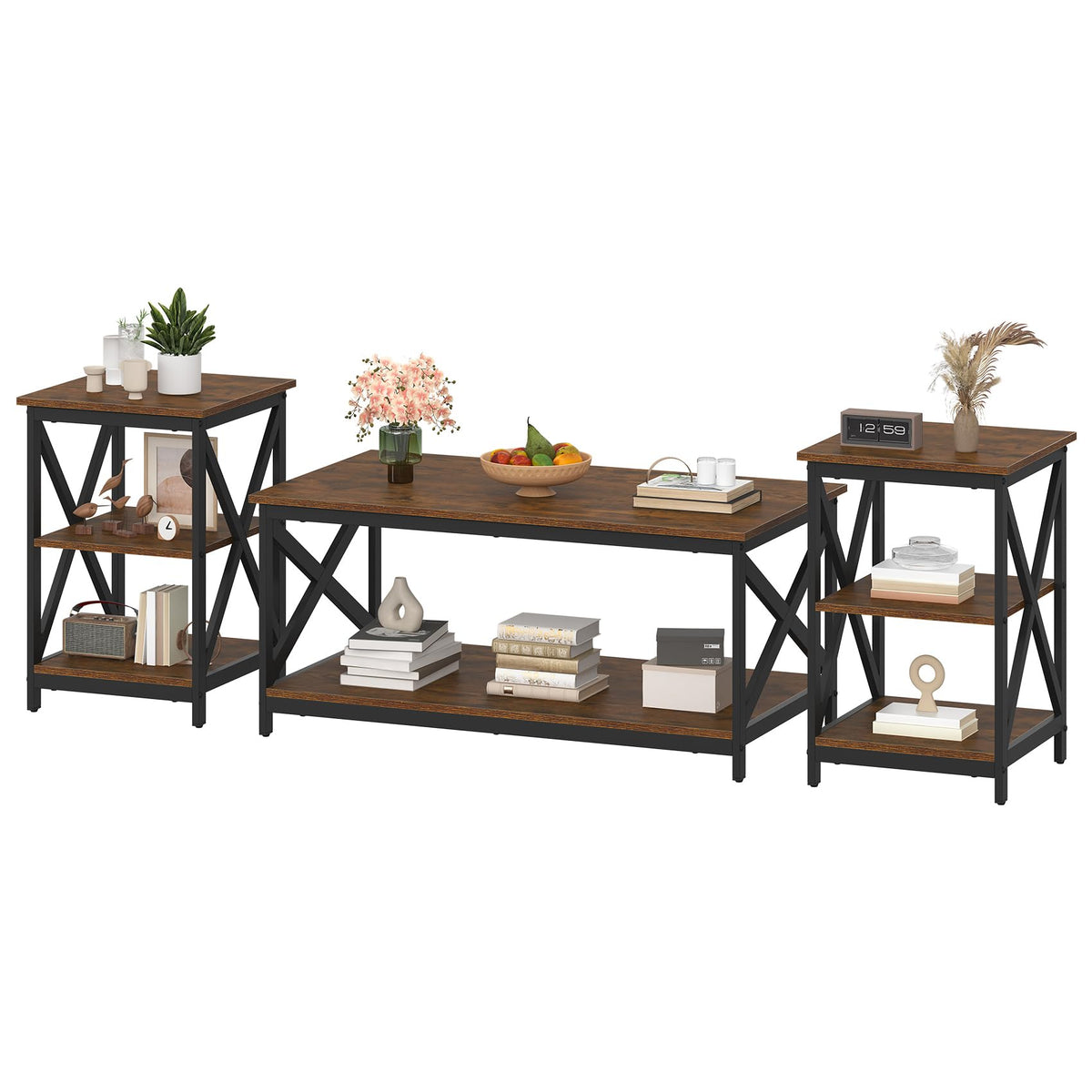 Bigbiglife Living Room Coffee Table Set of 3, Industrial X-Design Coffee Table and 2 End Side Tables, 3 Piece Living Room Table Set with Large Storage for Apartment Home (Dark Rustic Brown)
