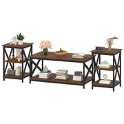 Bigbiglife Living Room Coffee Table Set of 3, Industrial X-Design Coffee Table and 2 End Side Tables, 3 Piece Living Room Table Set with Large Storage for Apartment Home (Dark Rustic Brown)