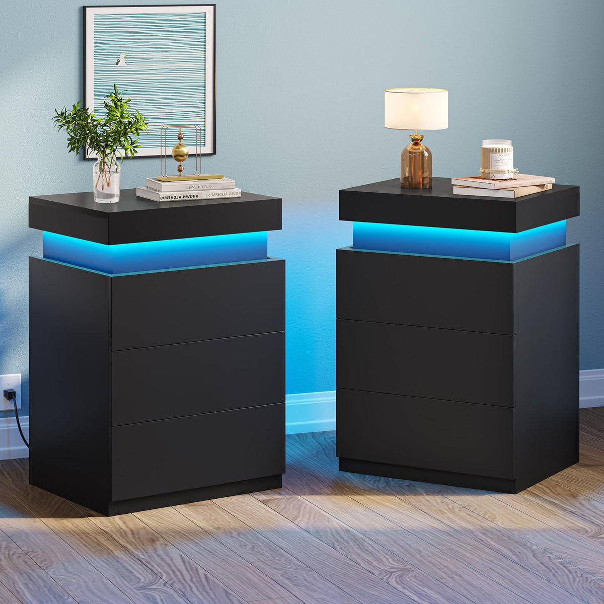 LED Nightstands with Charging Station, Set of 2