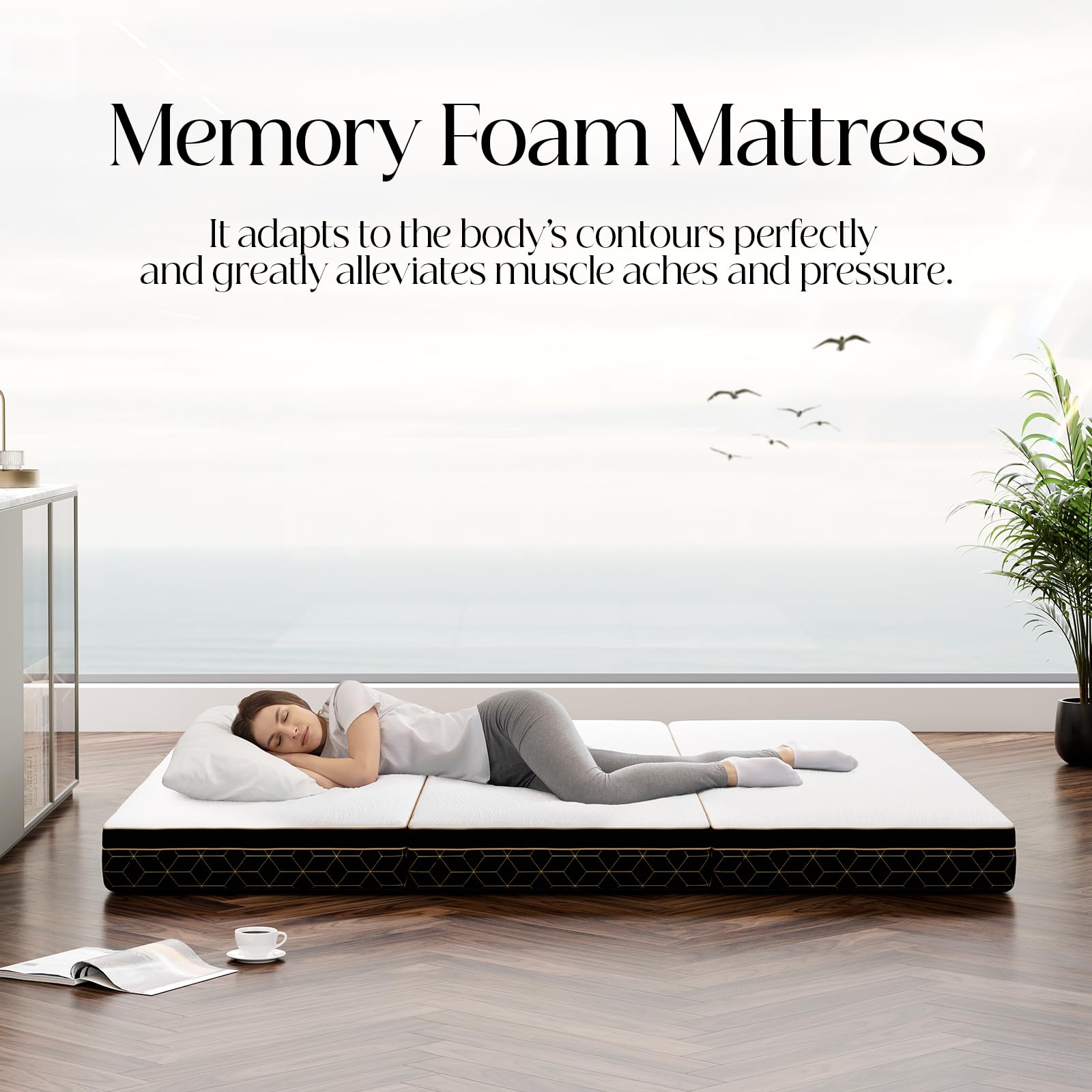GEMBED Tri-Fold Memory Foam Mattress Queen - 5.9 Inch Portable Folding Mattress with Handle & Washable Cover, Floor Bed with Non-Slip Base, Space-Saving for Room, Travel, Guest Bed, RV, 78"x58"x5.9"