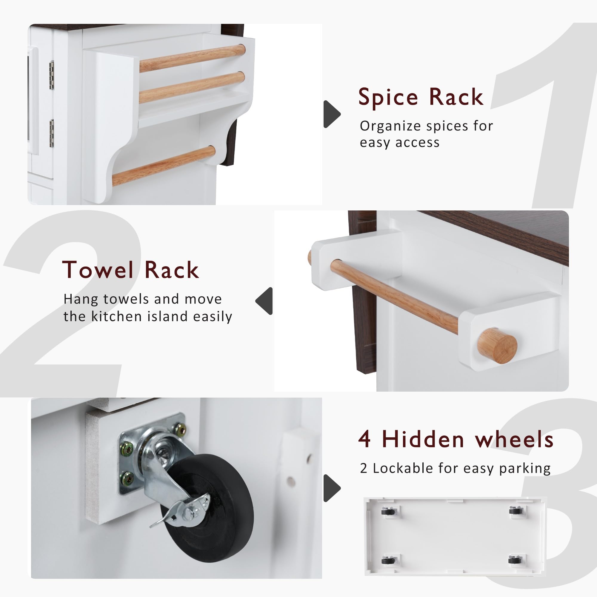 PurityVow 54.9" Rolling Kitchen Island with Drop Leaf, Power Outlet, Kitchen Storage Cart with 4 Door Shelves, Cross Barn Doors & Visual Glass Door, Kitchen Island Table On Wheels for Kitchen (White)