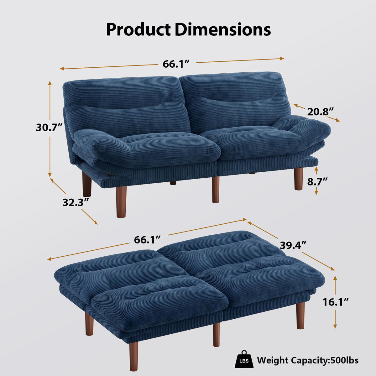 Pipishell 66 inch Convertible Futon Sofa Bed, Corduroy, Blue