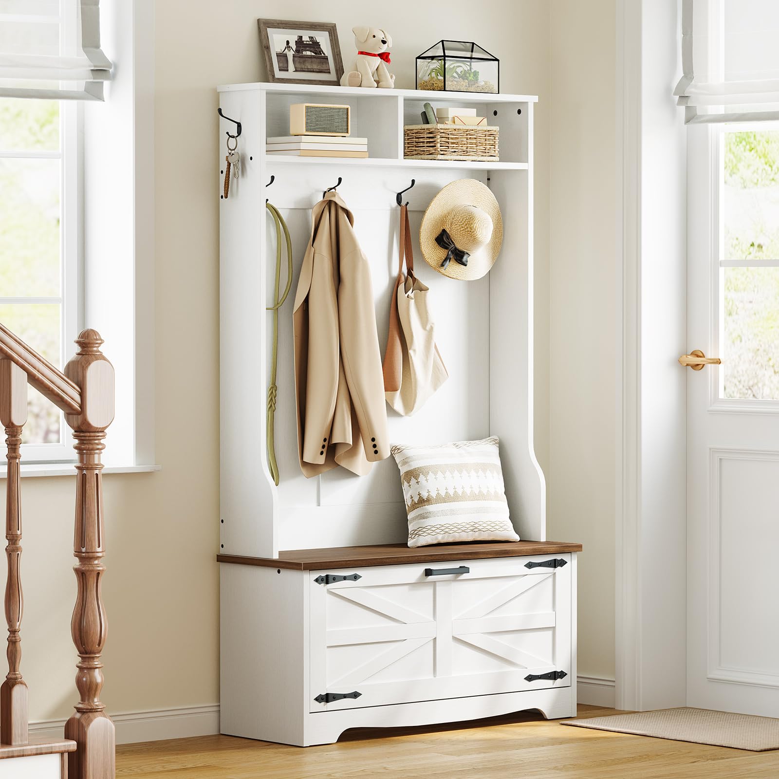 Farmhouse Hall Tree with Bench & Shoe Cabinet