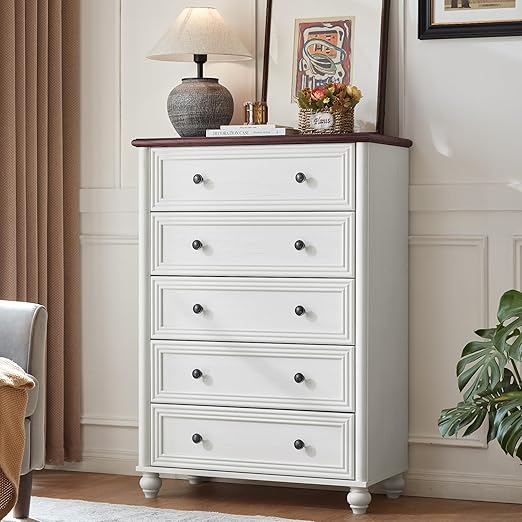 Farmhouse 5-Drawer Tall Dresser with Metal Handles
