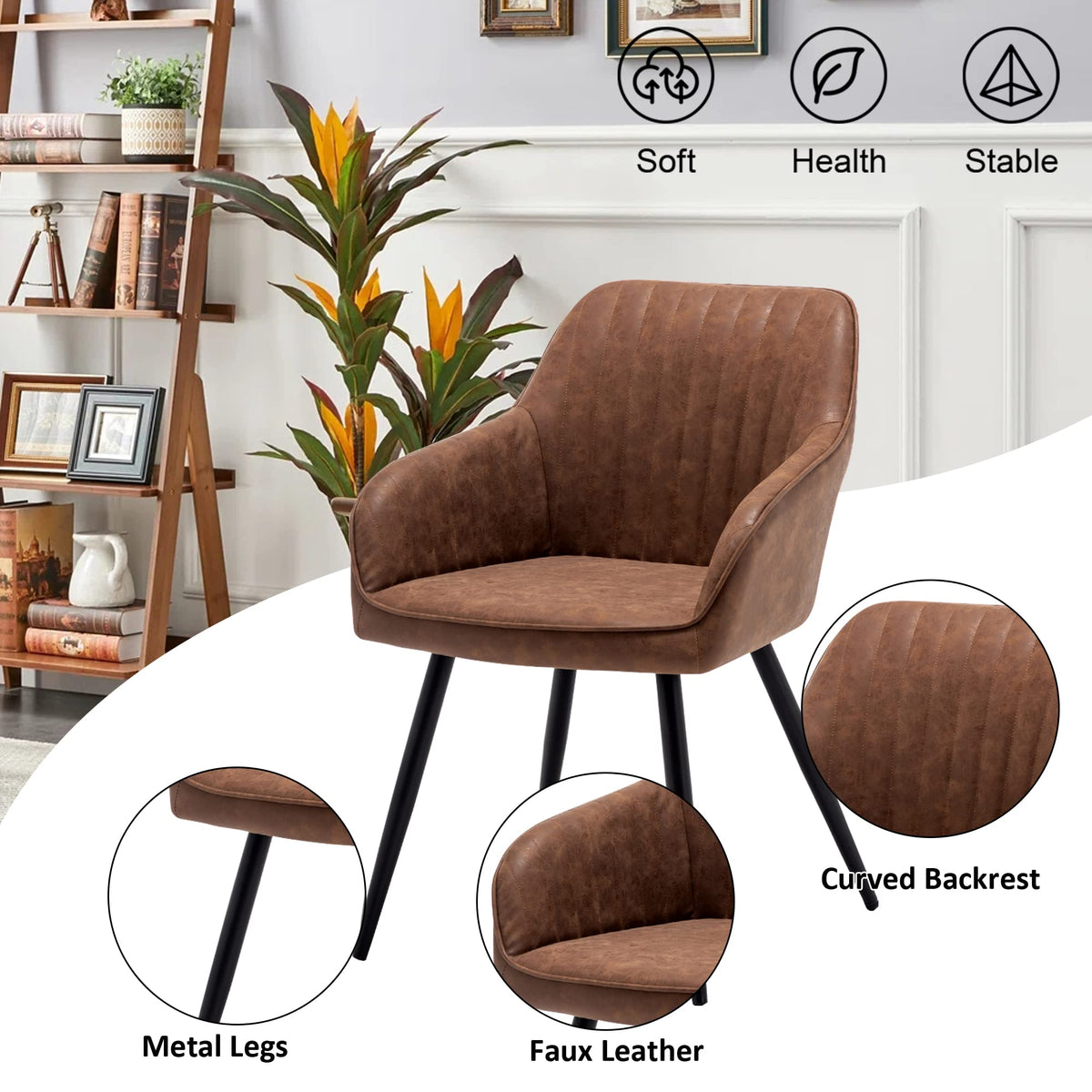 Faux Leather Accent Chair Set of 2 Upholstered Living Room Chairs Brown