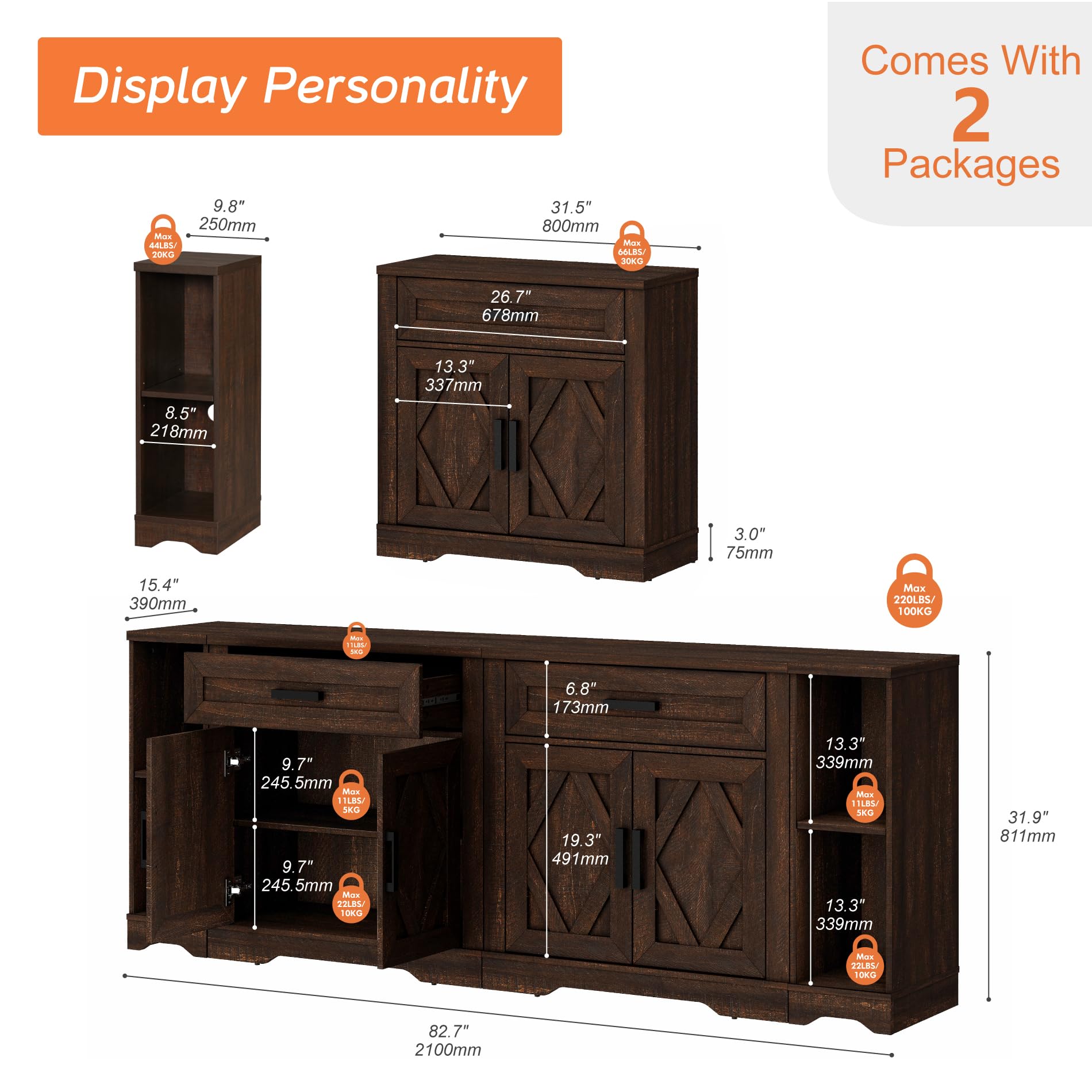 WAMPAT Modern Farmhouse Large Sideboard Cabinet Set with Barn Doors,Buffet Cabinet Table with Storage Shelves and Drawers for Kitchen,Dining Room,Coffee Bar,82.7" W x 15.4" D x 32" H,Dark Brown