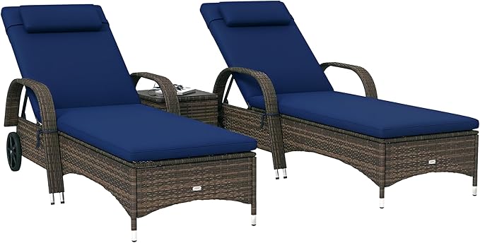 PE Rattan Chaise Lounge Chair Set of 3 with Side Table