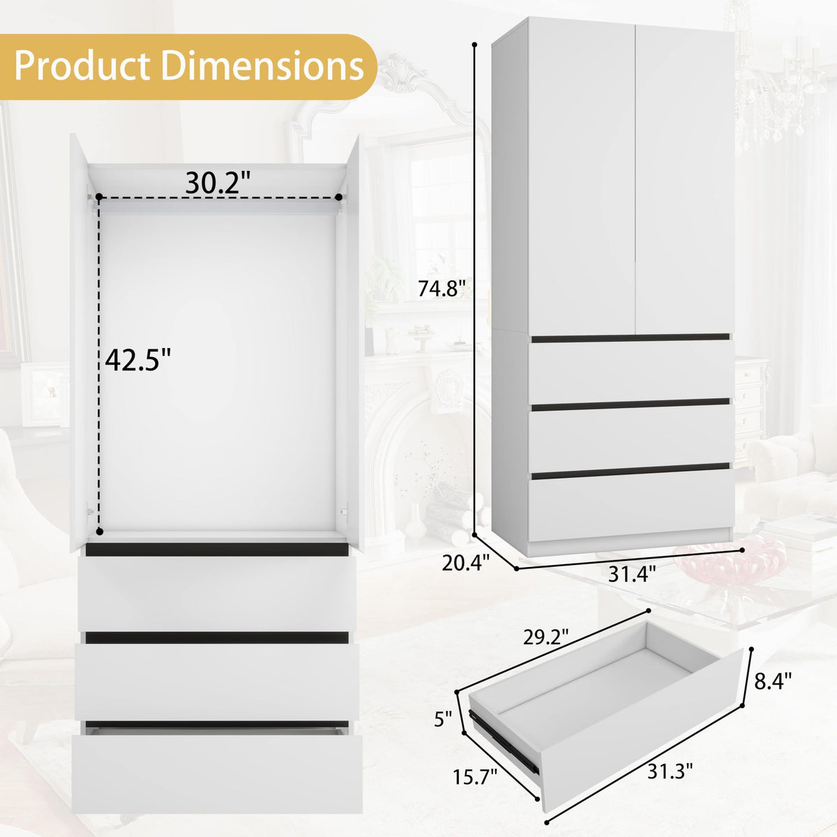 White Wardrobe with 3 Drawers
