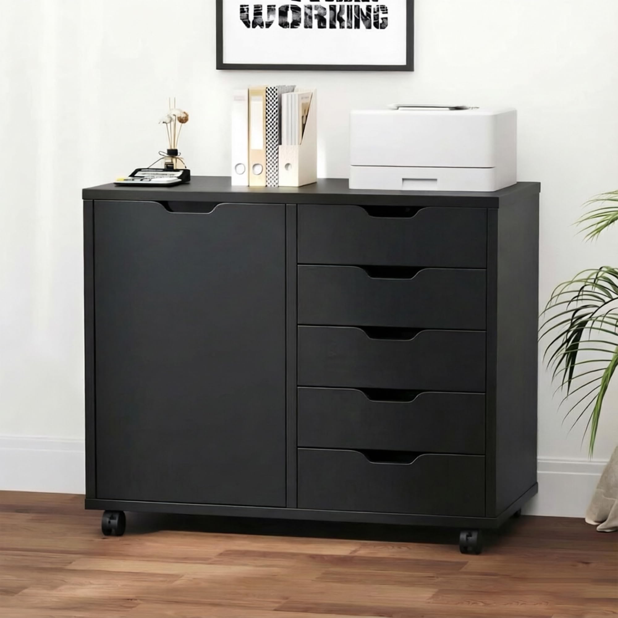 5-Drawer Rolling File Cabinet with Shelves & Door