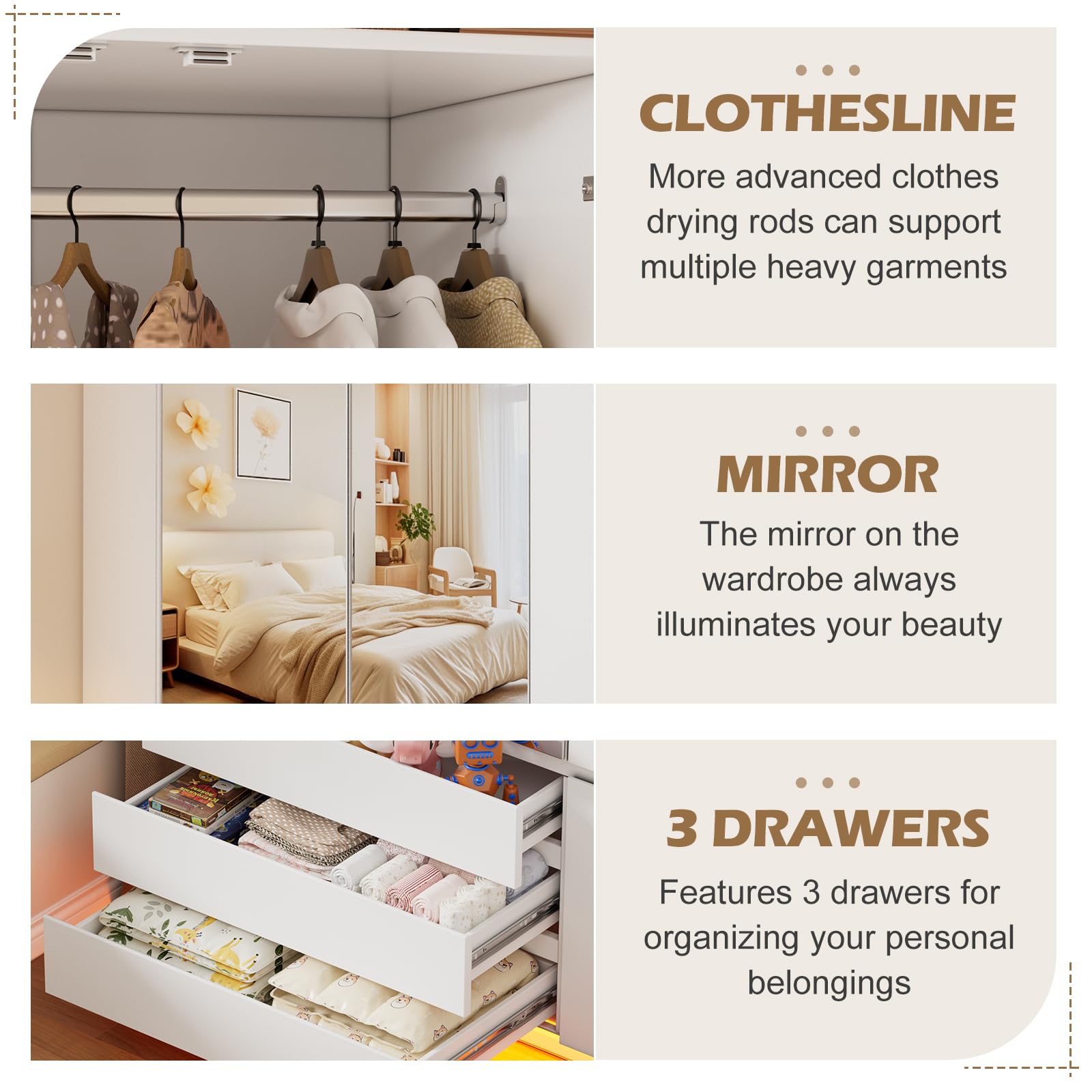 PAKASEPT 3 Doors Armoire Wardrobe Closet with Mirror & Lights, 72.83" H Wooden Bedroom Armoires with 3 Drawers, Hanging Rod & Shelves, Clothing Storage Cabinet for Bedroom