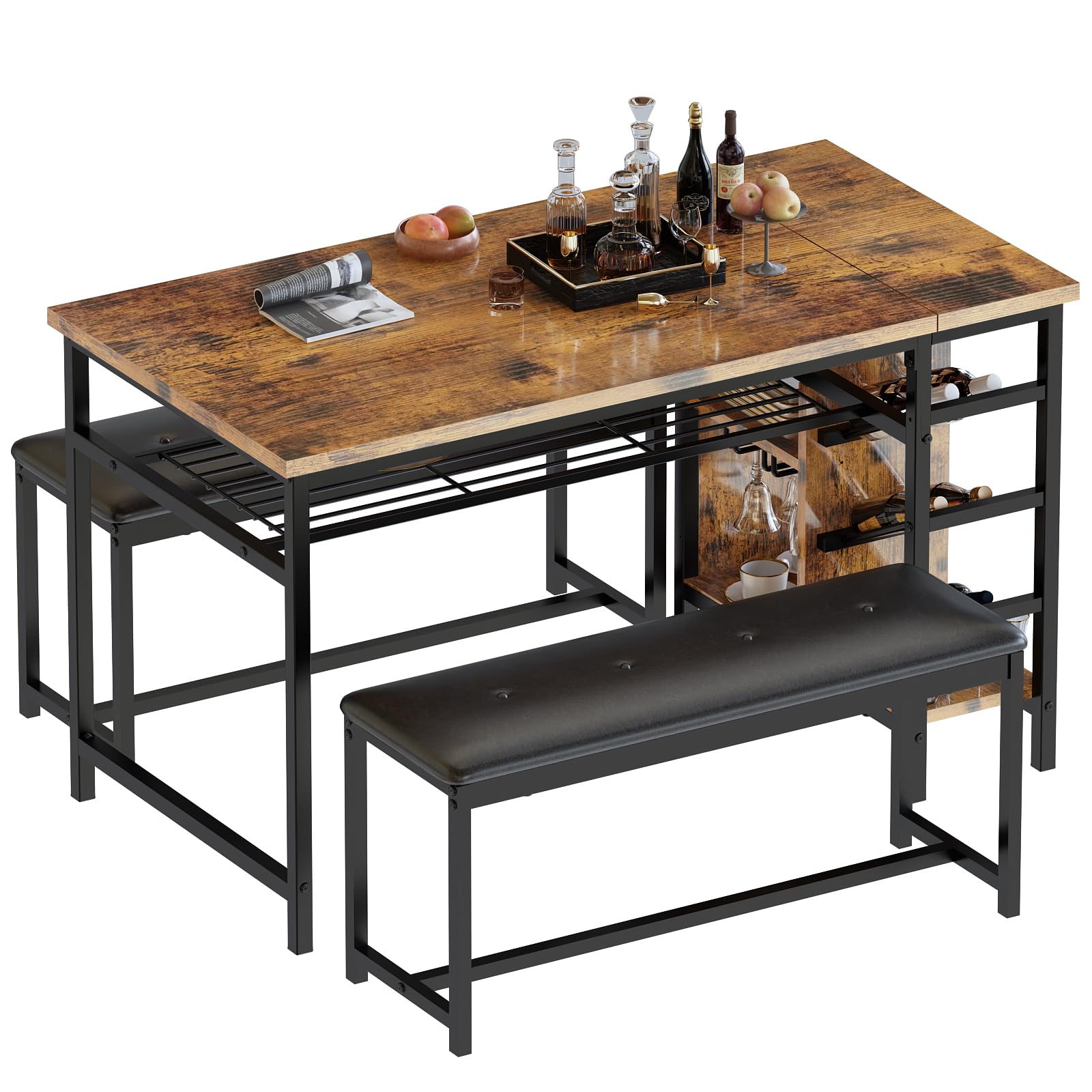 AWQM Space Saving Dining Table Set for 2-4 People, 53" Kitchen Table with 2 Upholstered Bench, Dinner Table with Wine Rack Glass Holder and Storage Shelf, 3-Piece Dinette Table for Small Apartment