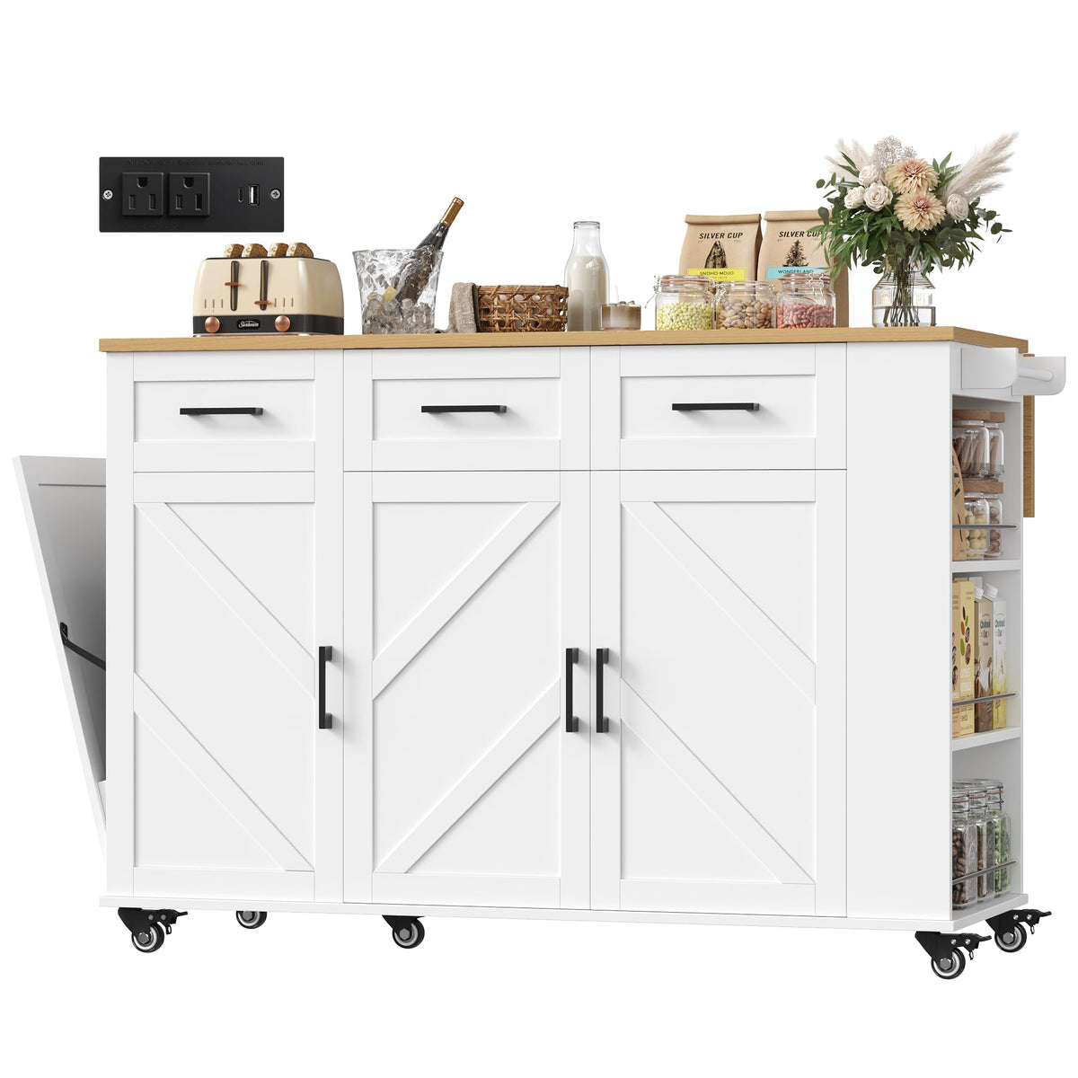 FINETONES Kitchen Island with Trash Can Storage and Power Outlet, White