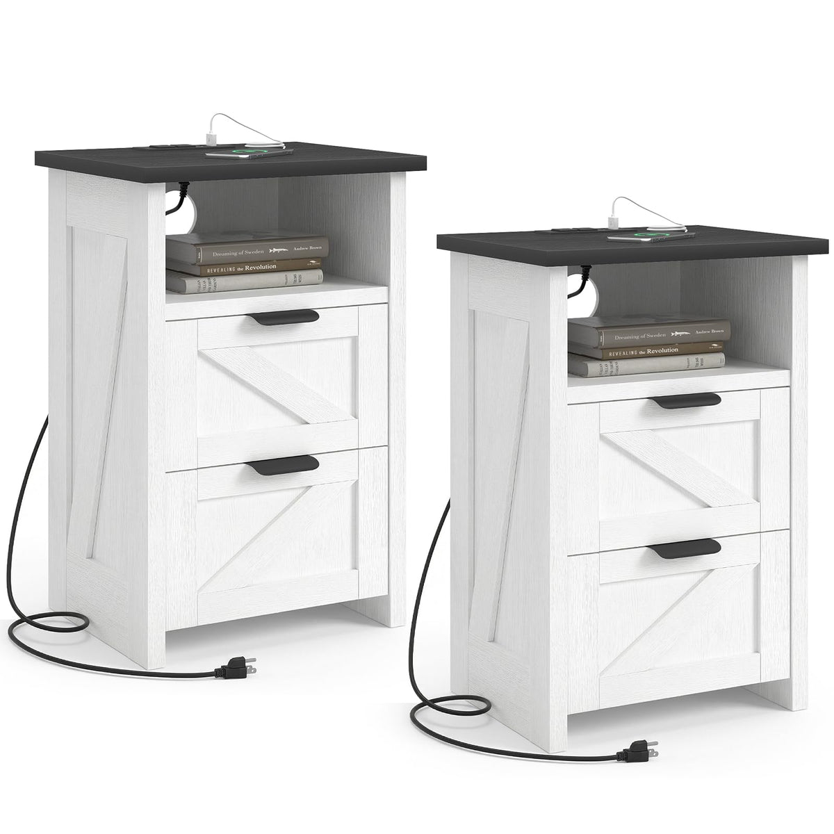 AURINEST Farmhouse Night Stand Set of 2 with Charging Station, Bedside Table w/2 Drawers & Storage, Rustic End Tables for Bedroom, Living Room, Small Spaces, Home Office, White