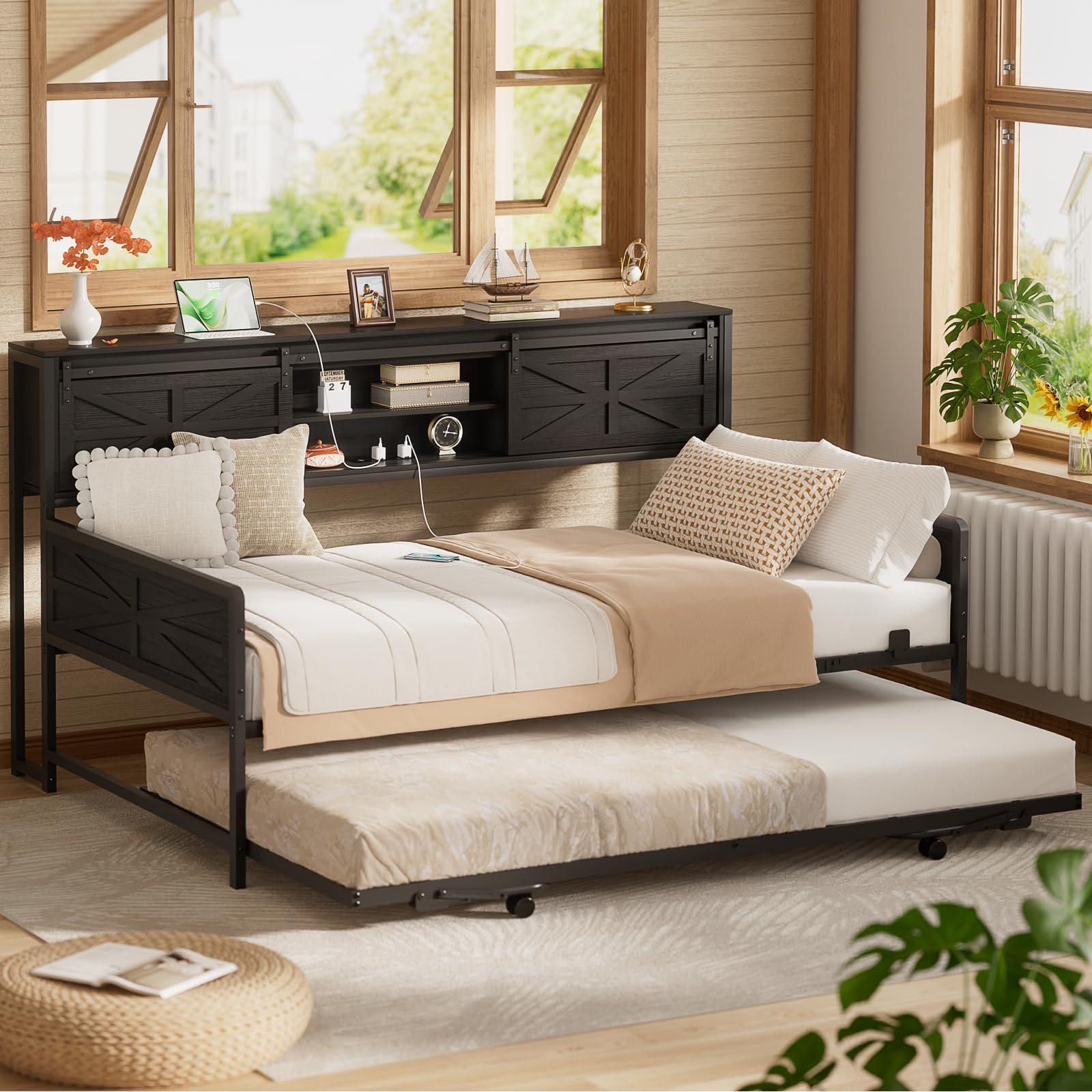 Homieasy Twin Daybed with Pop Up Trundle, Farmhouse Twin Bed with Bookcase Headboard and Charging Station, Black