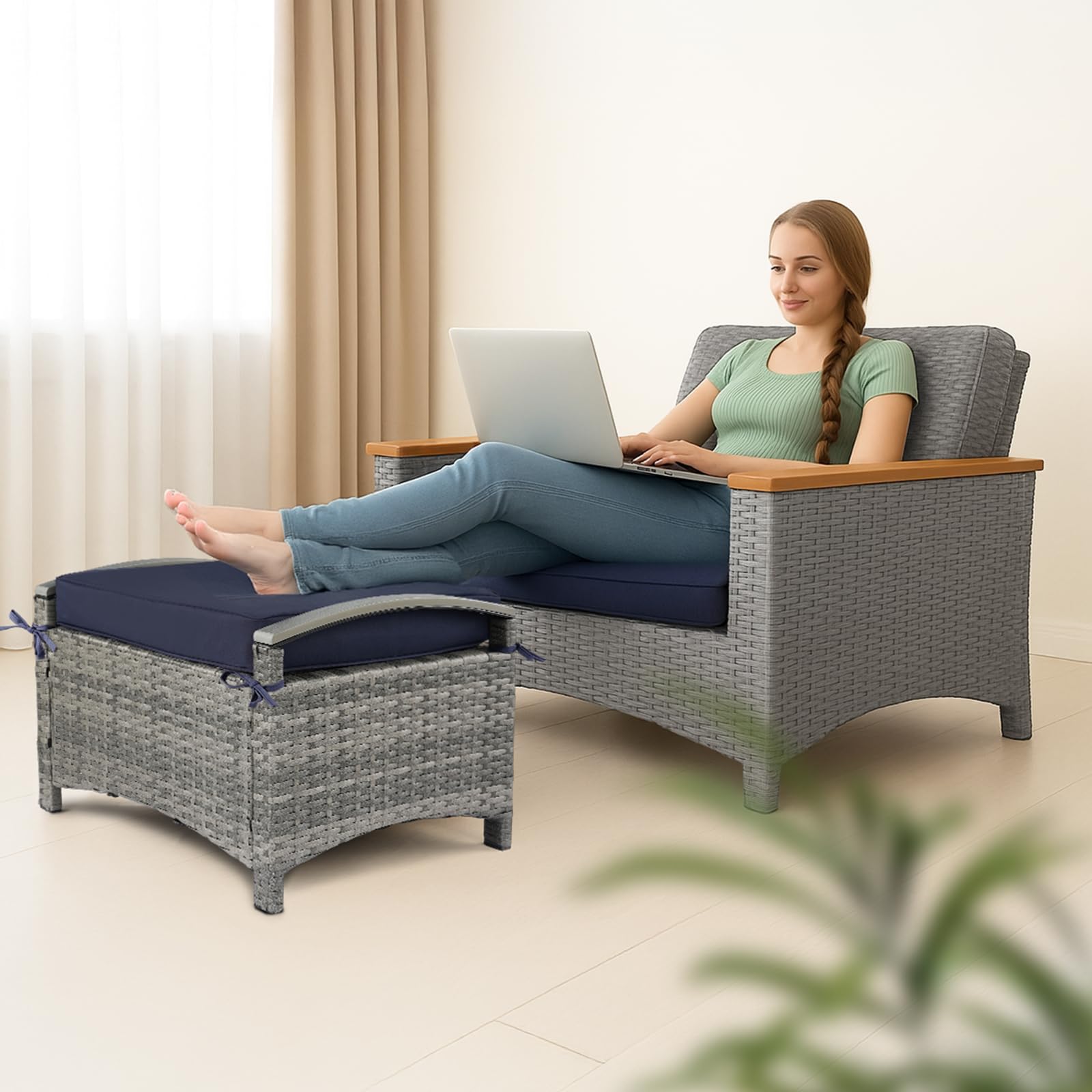 Wicker Outdoor Ottoman with Removable Cushion – PE Rattan, 400 lb Capacity