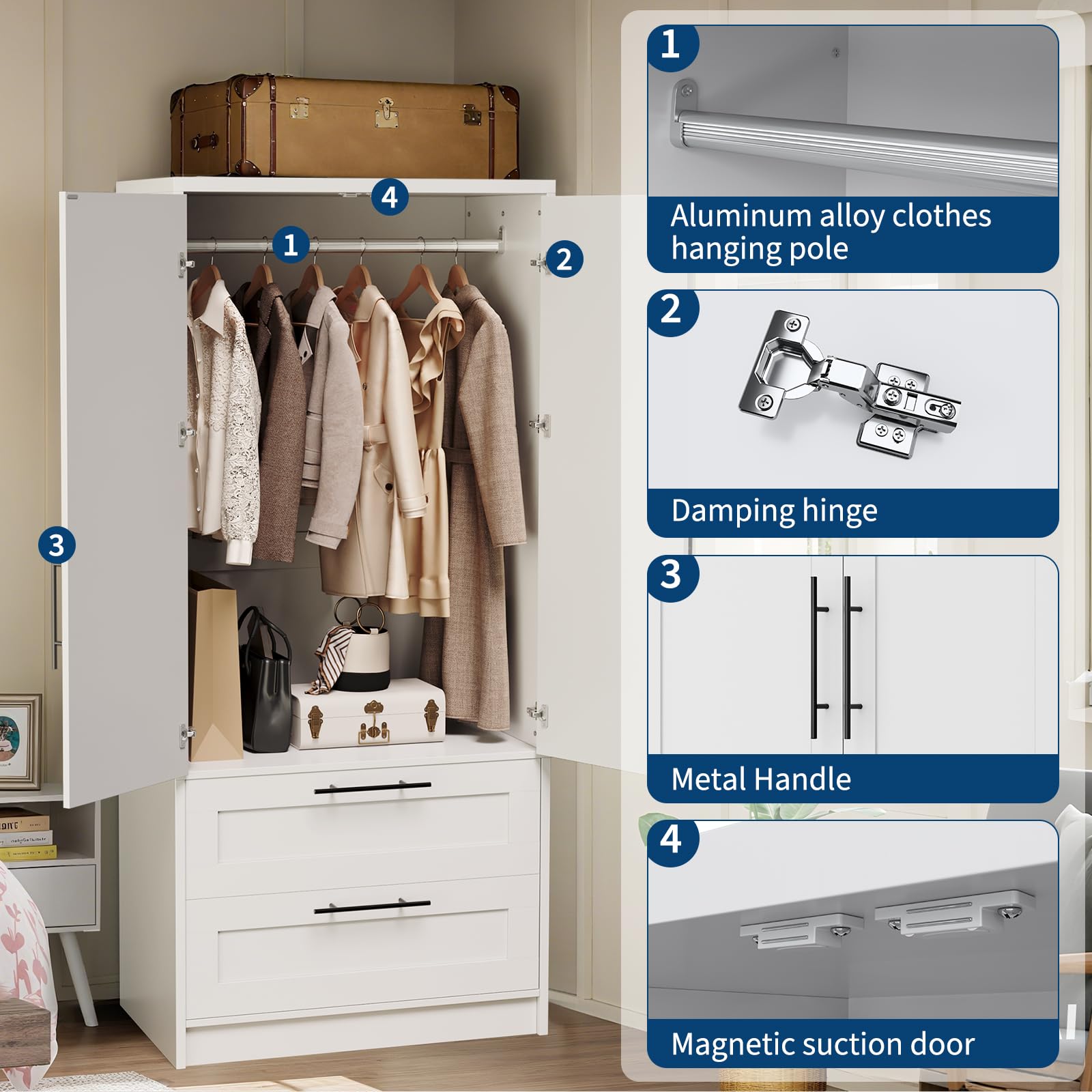 2-Door Wardrobe Armoire with Drawers & Hanging Rod