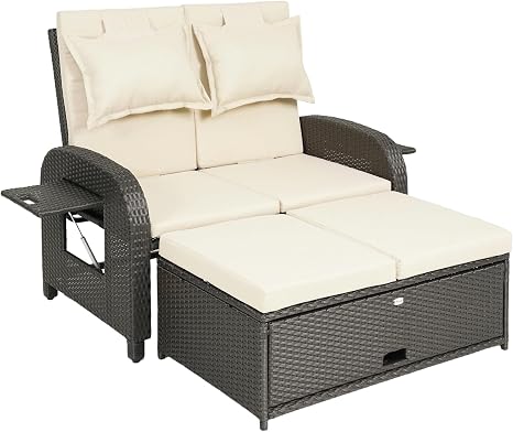 Outdoor Rattan Daybed with Storage Ottoman & Adjustable Backrest