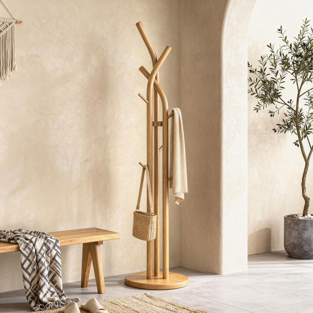 Solid Wood Coat Rack with 9 Hooks