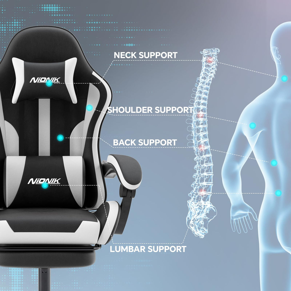 NIONIK Gaming Chair, Ergonomic Computer Chair with Footrest and Lumbar Support, Height Adjustable Game Chair with 360°-Swivel Seat and Headrest and for Office or Gaming Blackwhite