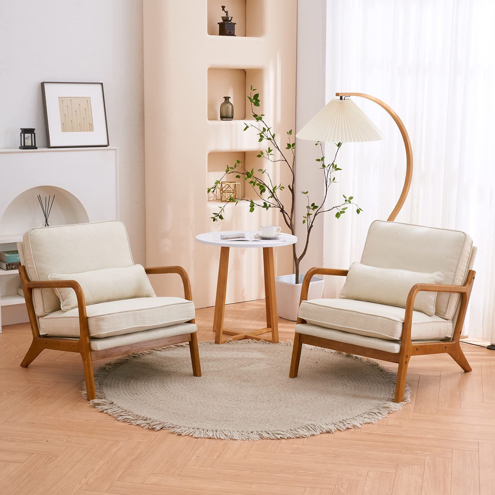 Mid-Century Accent Chair with Pillow, Solid Wood Frame – Beige