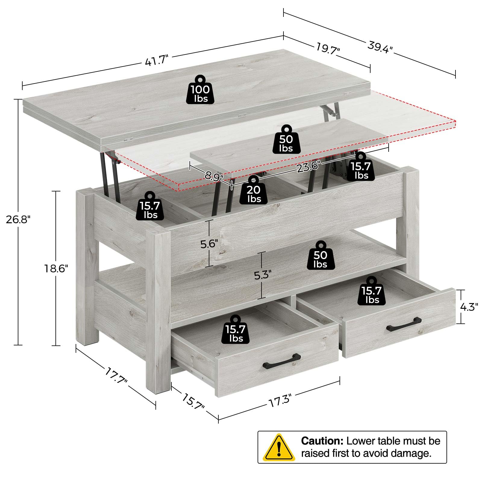 Rolanstar Coffee Table Lift Top, Multi-Function Convertible Coffee Table with Drawers and Hidden Compartment, Converts to Dining Table for Living Room, Home Office,Grey