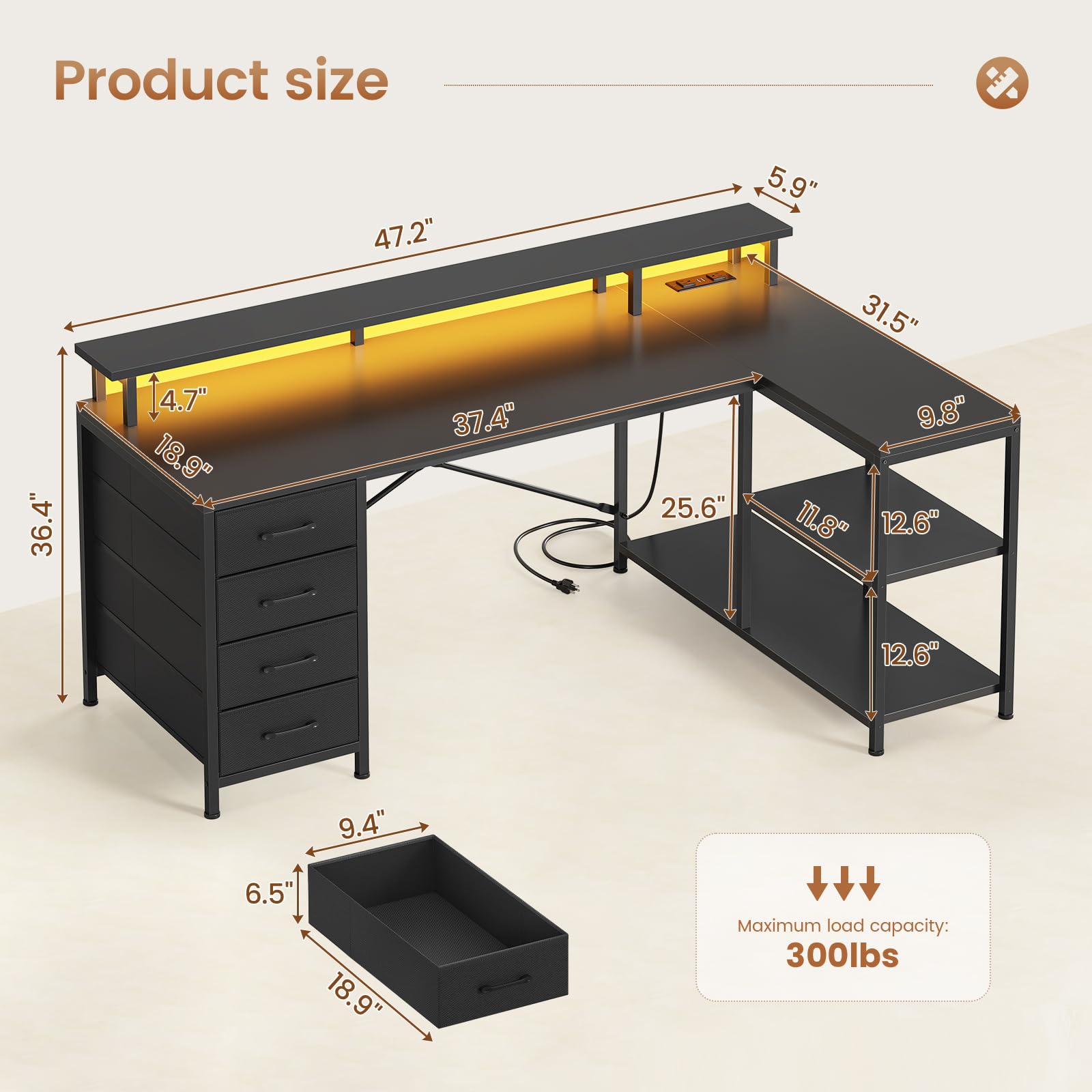 L-Shaped Desk with 4 Drawers, LED Lights & Power Outlet, 47 Inch