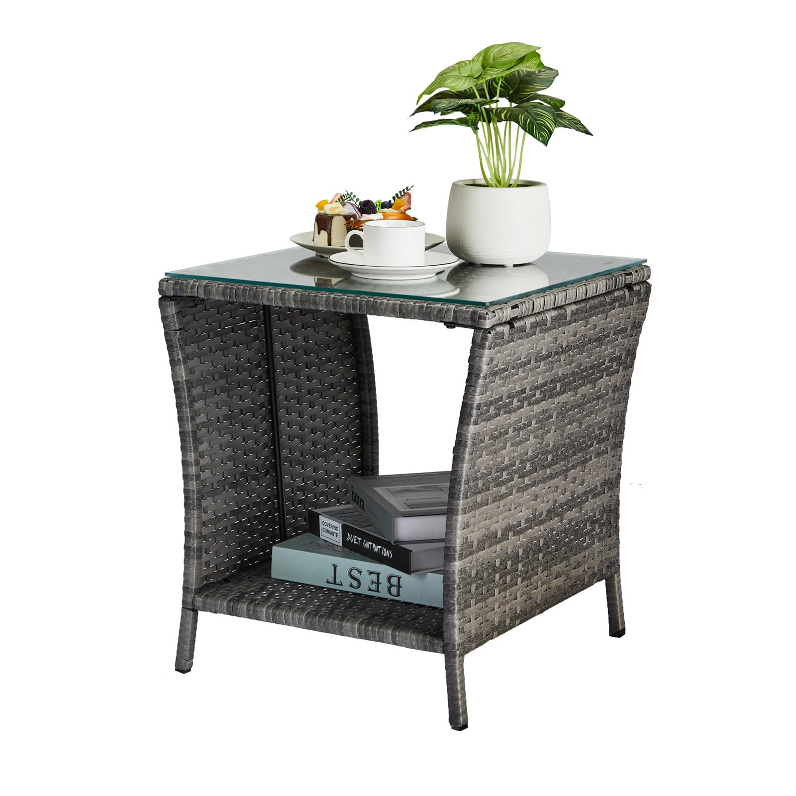 Wicker Outdoor Side Table with Tempered Glass Top & Storage Shelf
