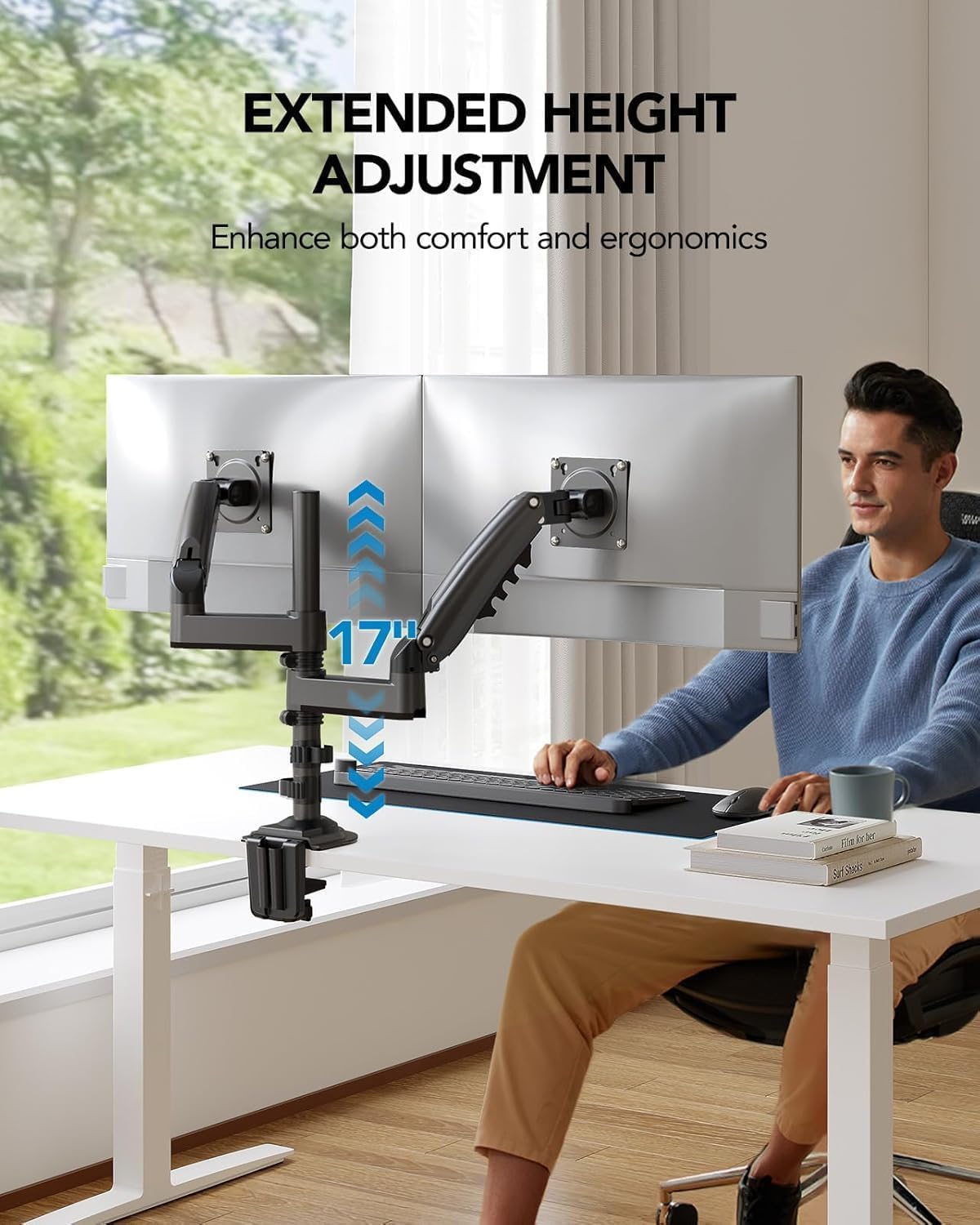 HUANUO 17-32 Inch Dual Monitor Stand, Stacked Monitor Mount, Monitor Arms for 2 Monitors, Ergonomic Adjustable Tilt/Swivel/Rotate, Weight Max 19.8 lbs, VESA 75/100mm