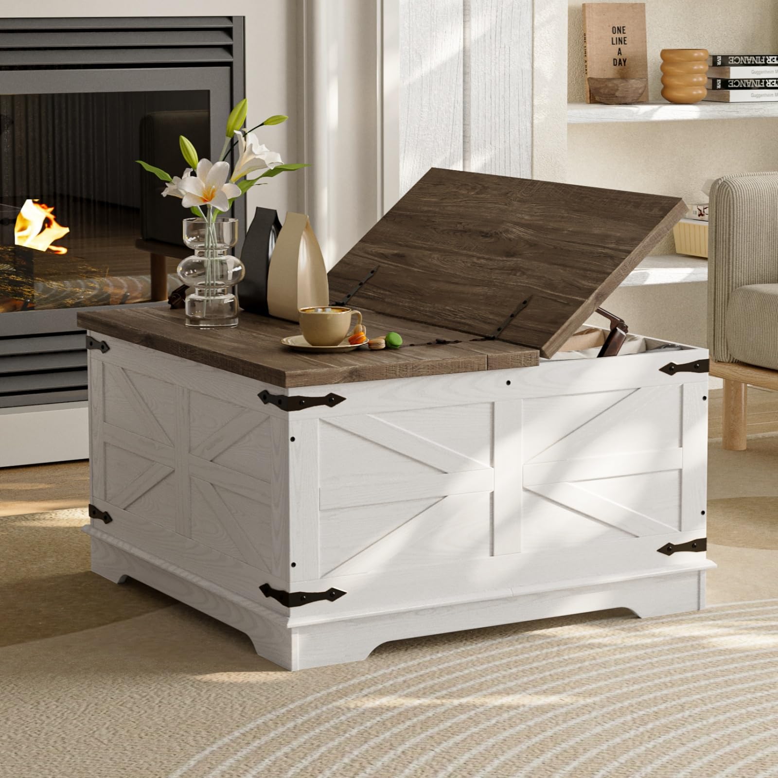 Farmhouse Square Coffee Table with Hidden Storage