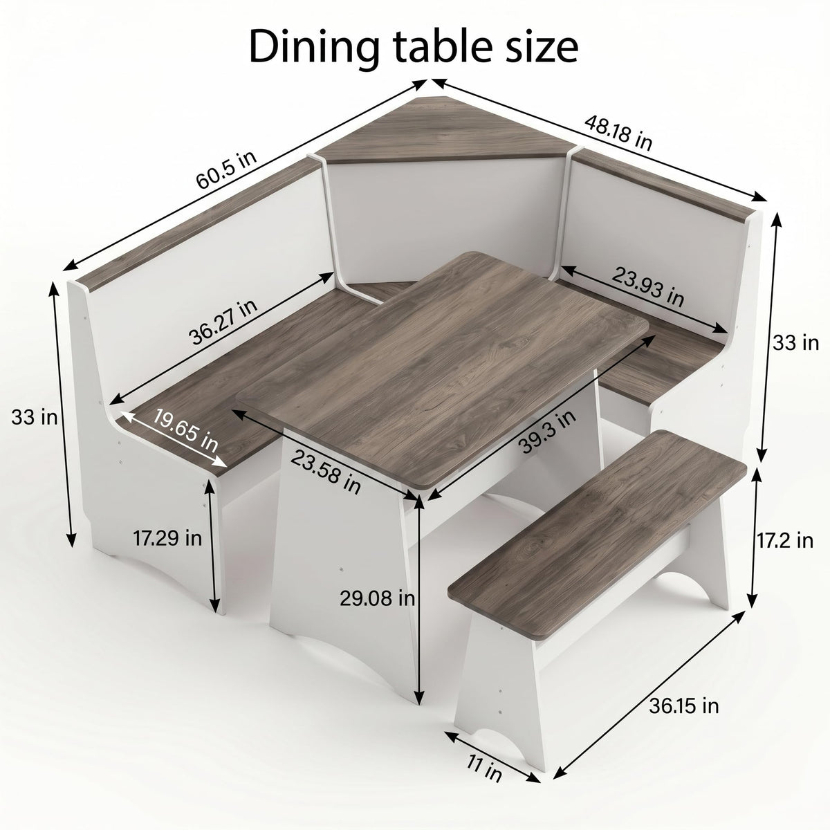 Farmhouse Breakfast Nook Table Set with L-Shaped Bench (White + Gray)