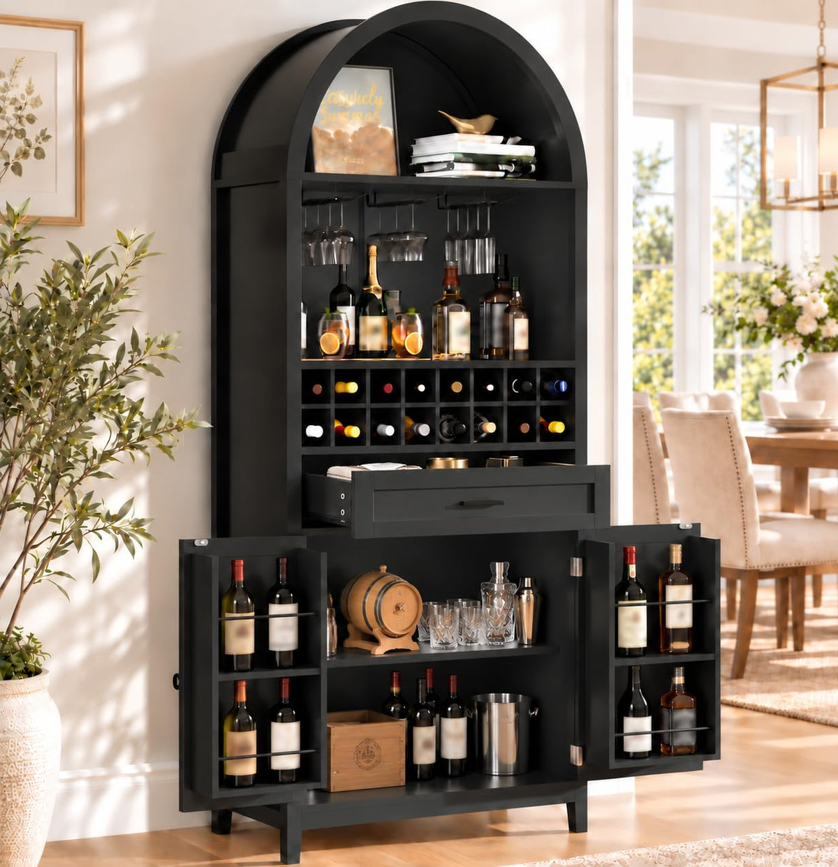 76" Arched Wine Bar Cabinet with Drawer, Glass Holders & Wine Rack