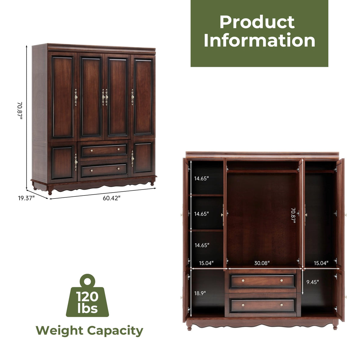 TemkTuek Solid Wood Armoire:Wardrobe Closet with Drawers and Hanging Rod