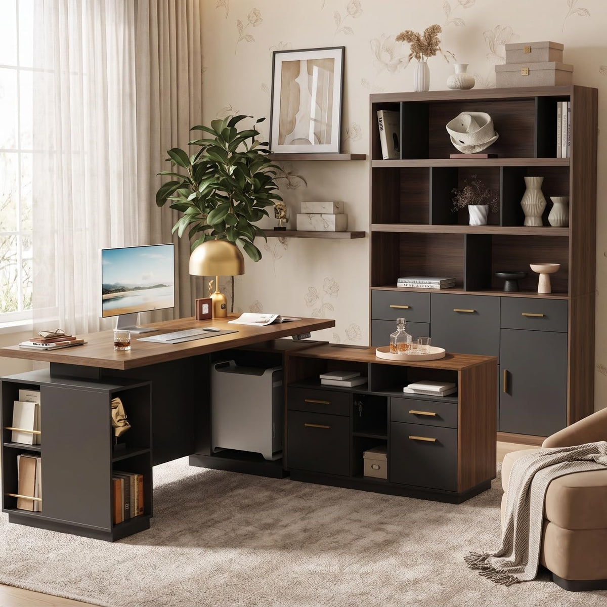 ModernMate Home Office Set, 71" L Shaped Executive Standing Desk, Bookcase