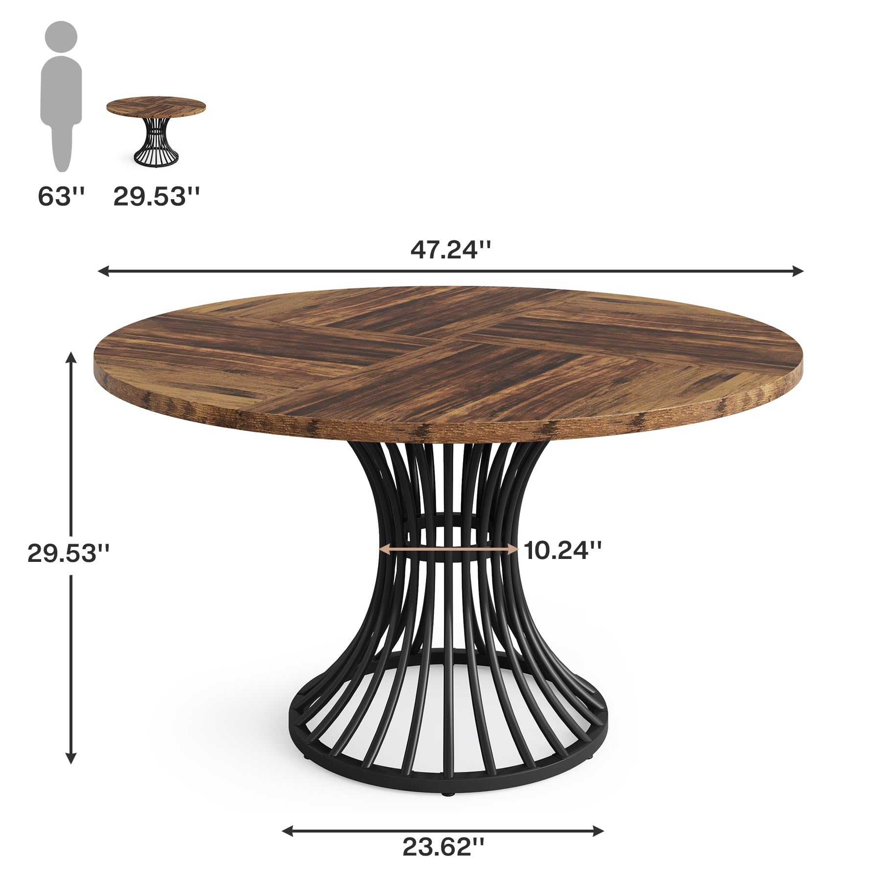 Tribesigns Round Dining Table for 4-6 People, 47-Inch Farmhouse Dinning Room Circle Kitchen Table, Industrial Dinner Table with Metal Base for Kitchen, Living Room, Black and Brown
