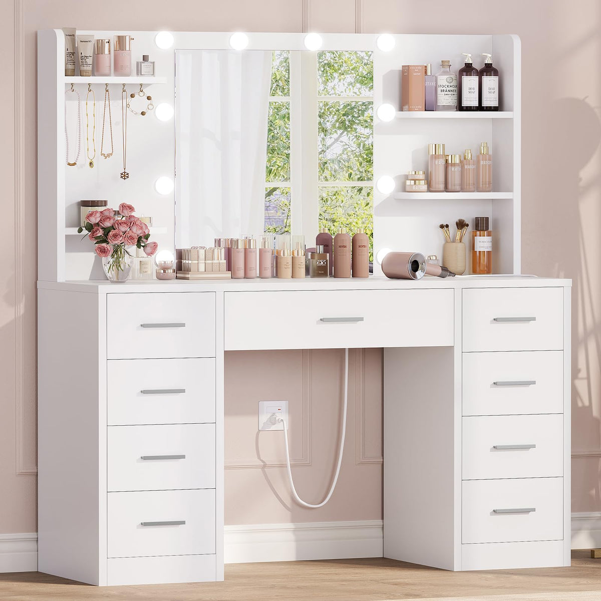 9-Drawer Vanity Desk with Lighted Mirror