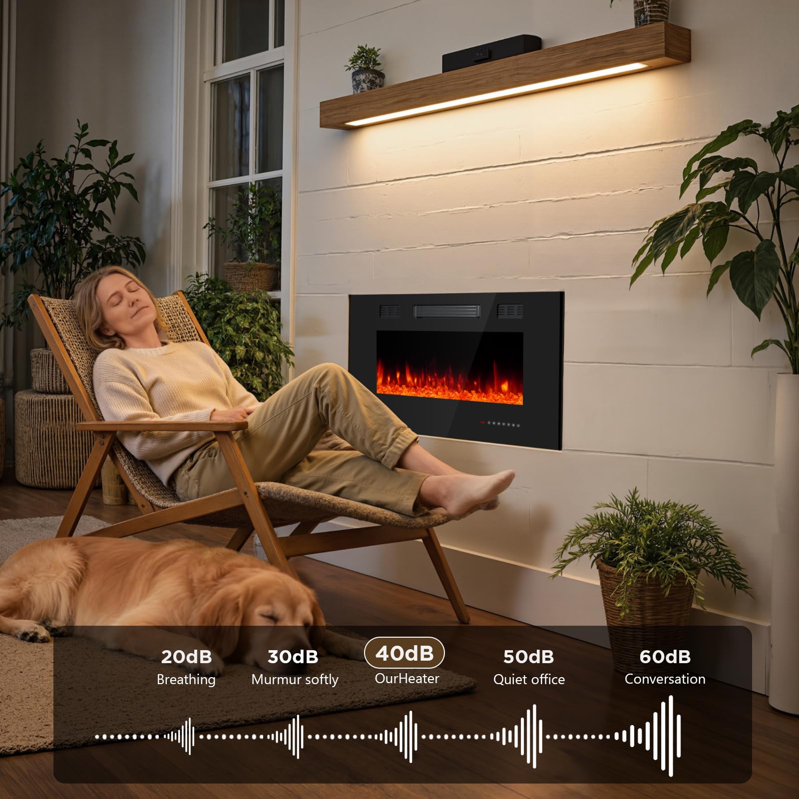 36 Inch Electric Fireplace with Crystal, Electric Fireplaces Insert, Wall Mounted/Recessed Fireplace with Remote Control, 12-Color Flame, Brightness & Speed