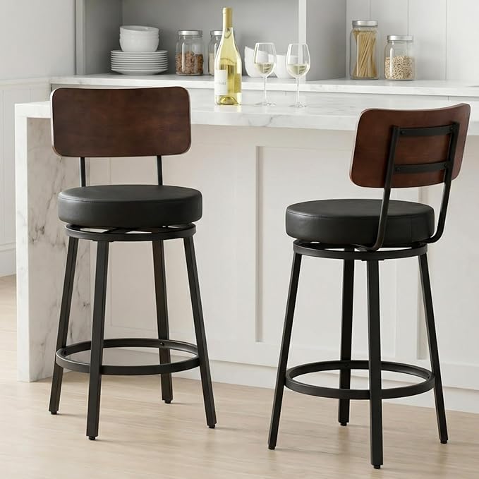 Swivel Bar Stools Set of 2 with Wood Backrest & Metal Legs