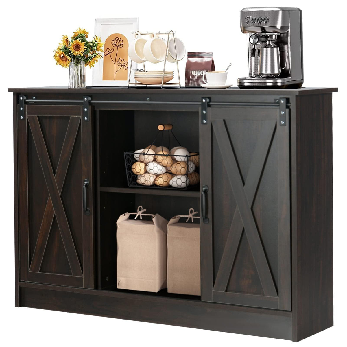 4 EVER WINNER Farmhouse Coffee Bar, 42 Inch Coffee Bar Cabinet, Espresso