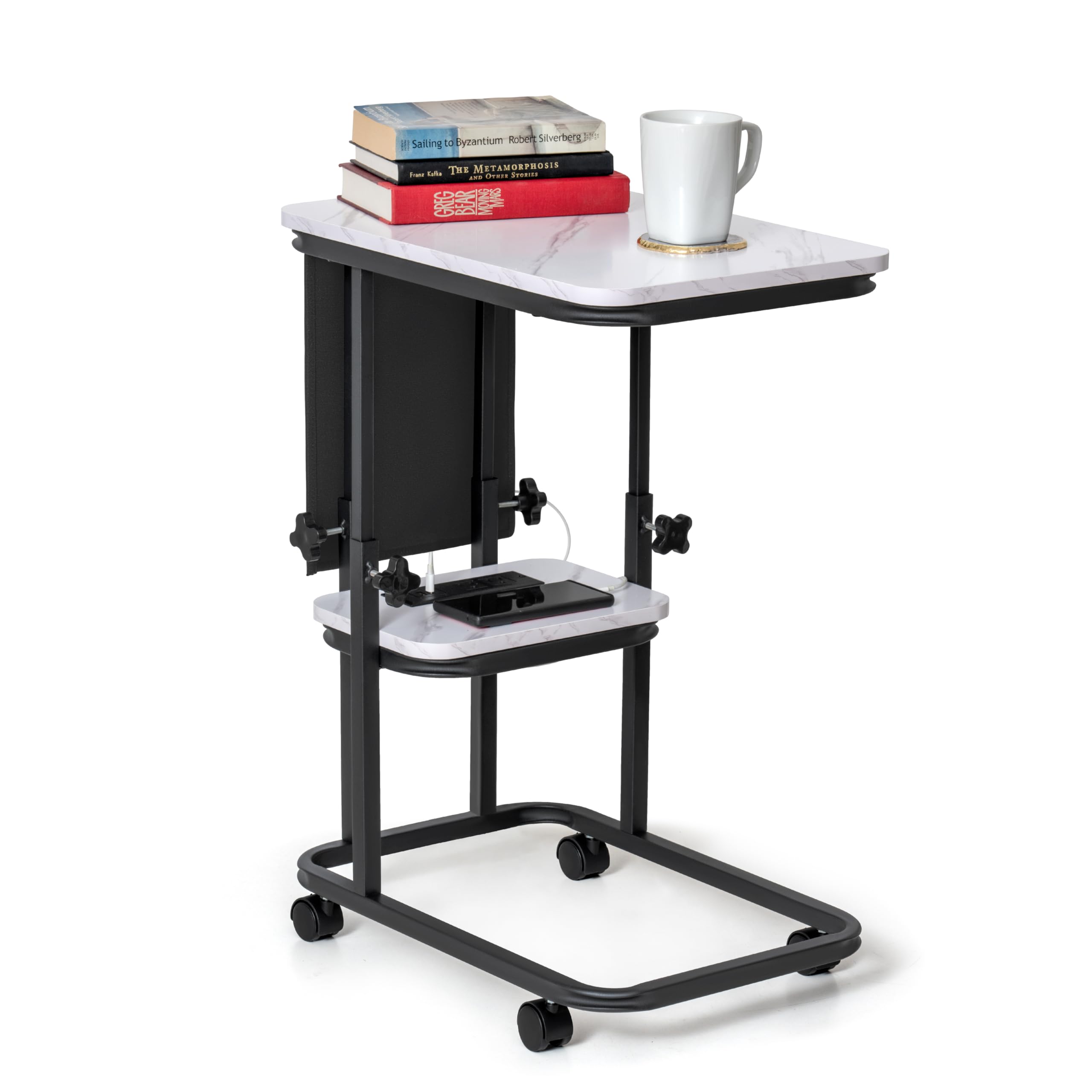 C Shaped End Table with Charging Station, Adjustable Height with Lockable Wheels & Storage Pouch, Rolling Side Table Slide Under Couch Laptop Desk, Small Sofa Table for Living Room (Large)