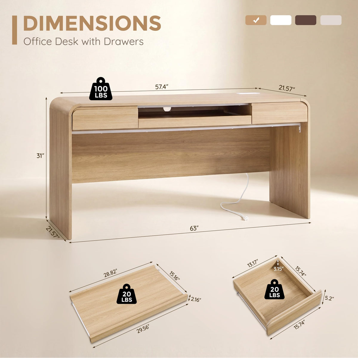 Curved Desk with Drawers and Charging Station