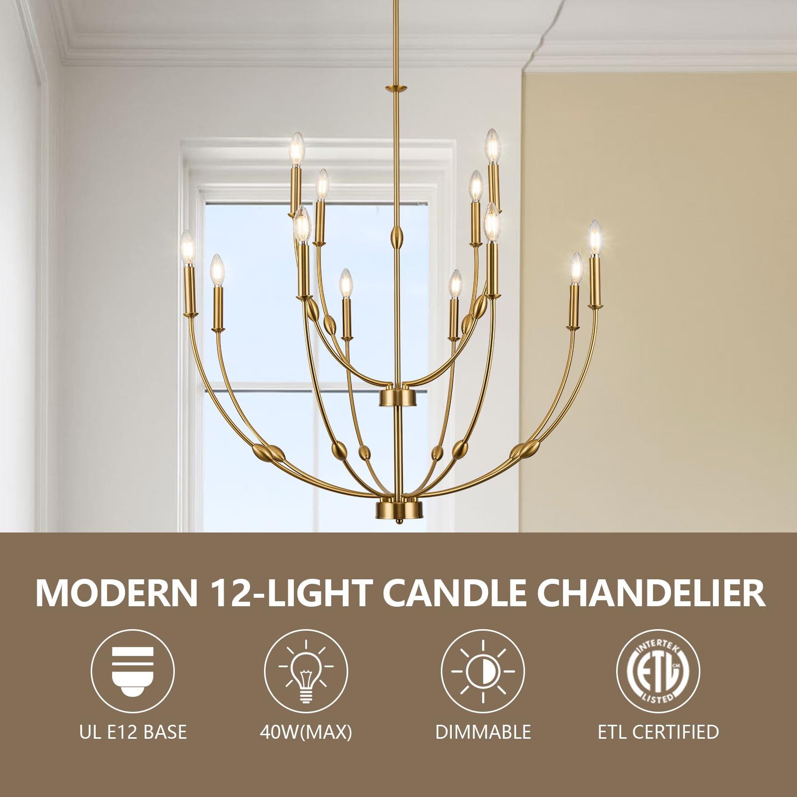 ACANER Modern Gold Chandelier, 12- Light Large Chandelier for High Ceilings, 35 inch 2-Tier Candle Style Rustic Hanging Light Fixture for Living Room Foyer Entryway