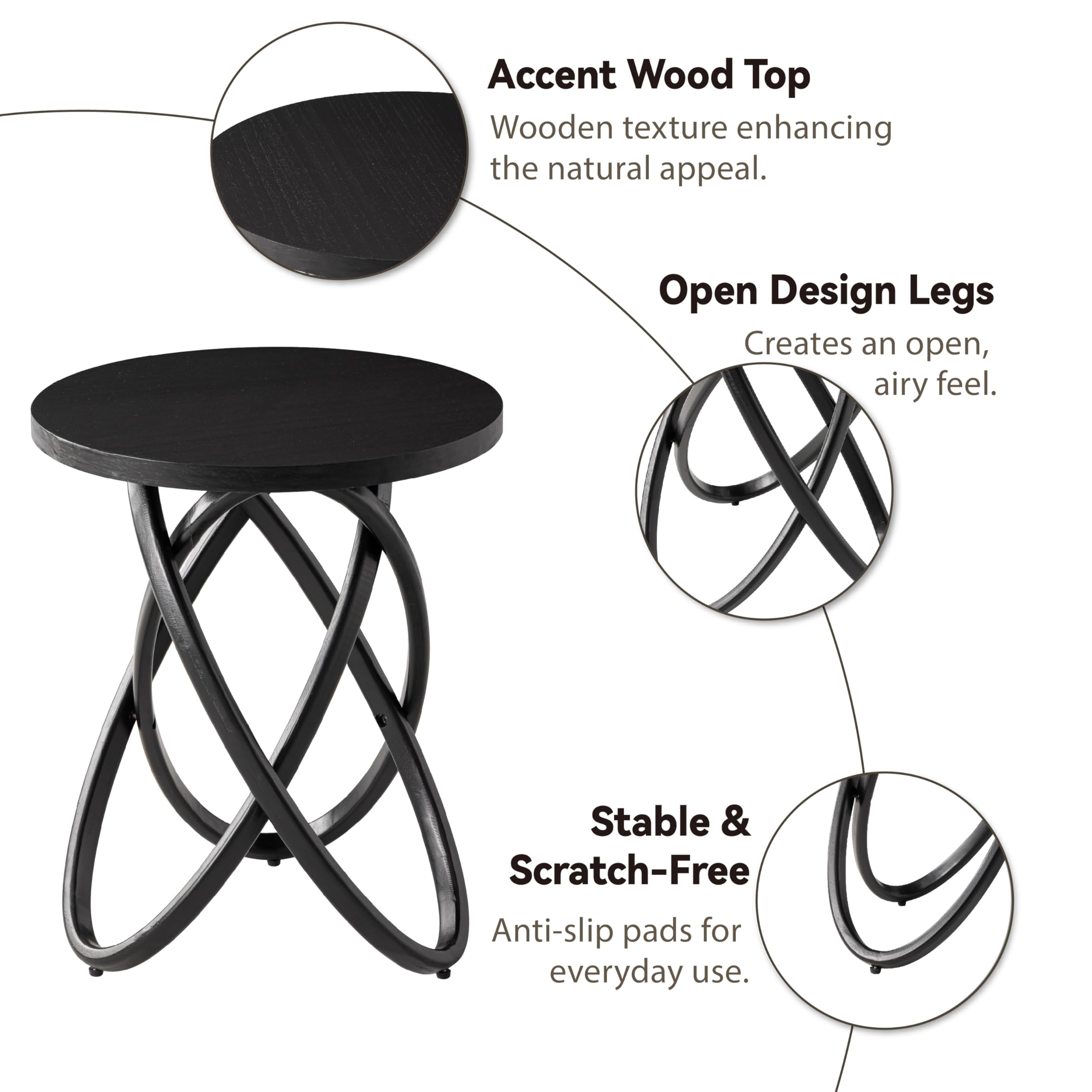 COZAYH Round End Table Farmhouse Wood Side Table Rustic Plant Stand with Intertwined Line Design for Living Room, Office, Black