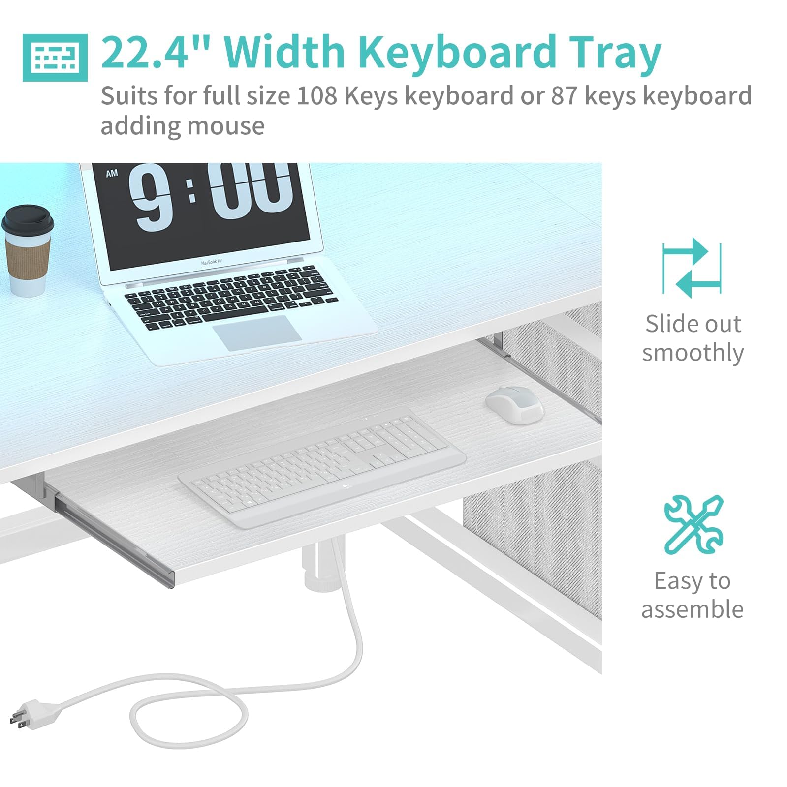 Lufeiya Gaming Desk with LED Lights and Power Outlets, 47 Inch Home Office Desks with Keyboard Tray, White Computer Desk with File Drawers Cabinet, Writing Table PC Desks with Monitor Stand, White