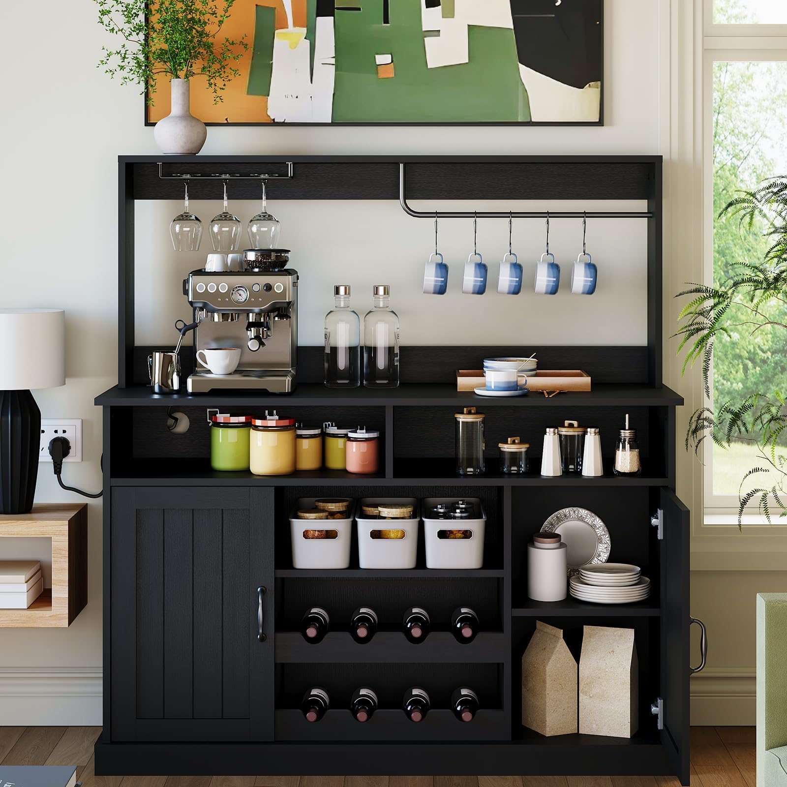 CABIHOME 47" Farmhouse Wine Bar Cabinet with Sliding Barn Door, Rustic Coffee Bar Cabinet, Wine & Glass Rack, Storage Shelves Large Buffet Sideboard Cabinet for Dining Room, Living Room, Kitchen