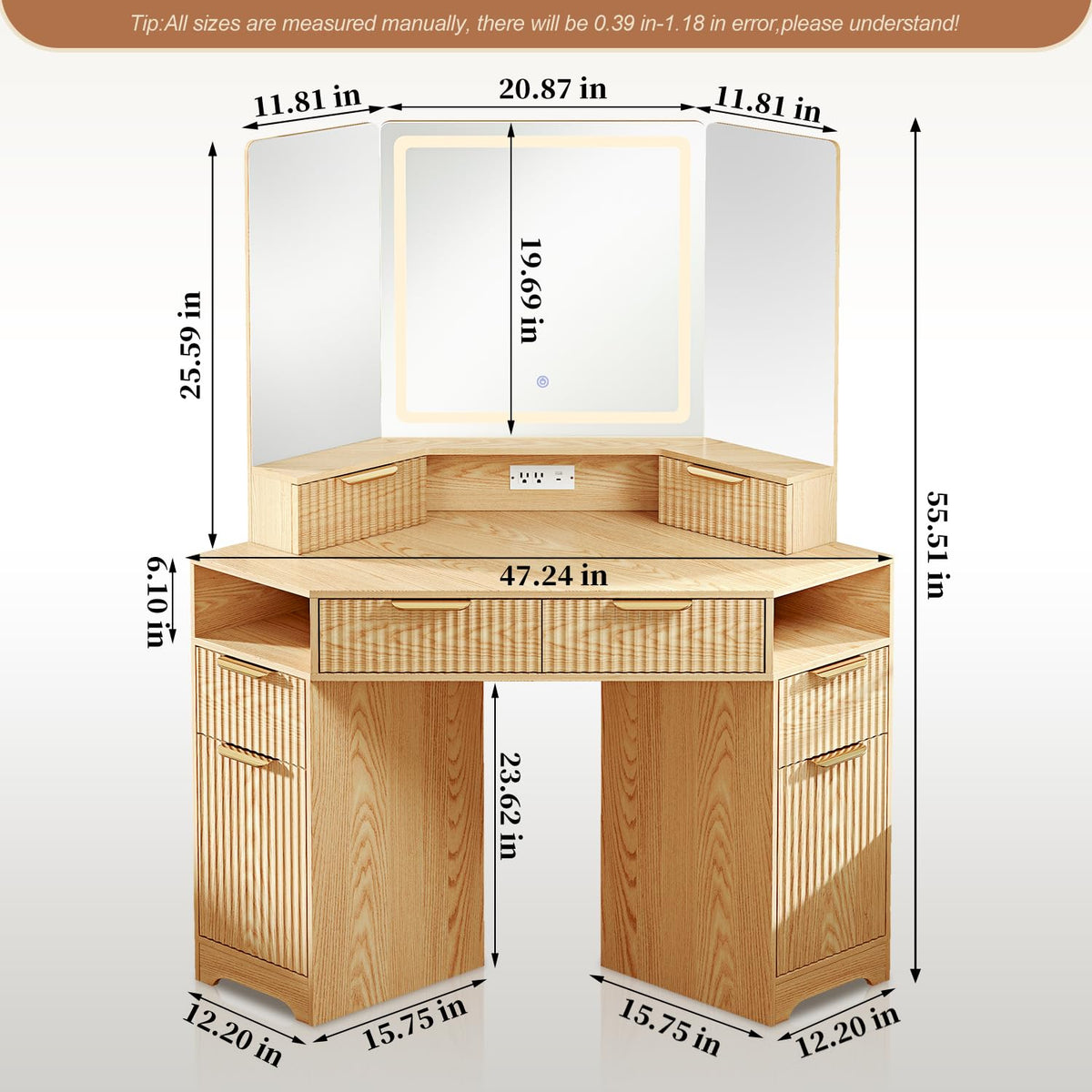 GRUTEUNIT Corner Makeup Vanity Desk with 3 Way Mirror and Lights,48" Large Vanity Table with 6 Drawers & Storage Cabinets, Charging Station, Fluted Dressing Table for Bedroom, Oak