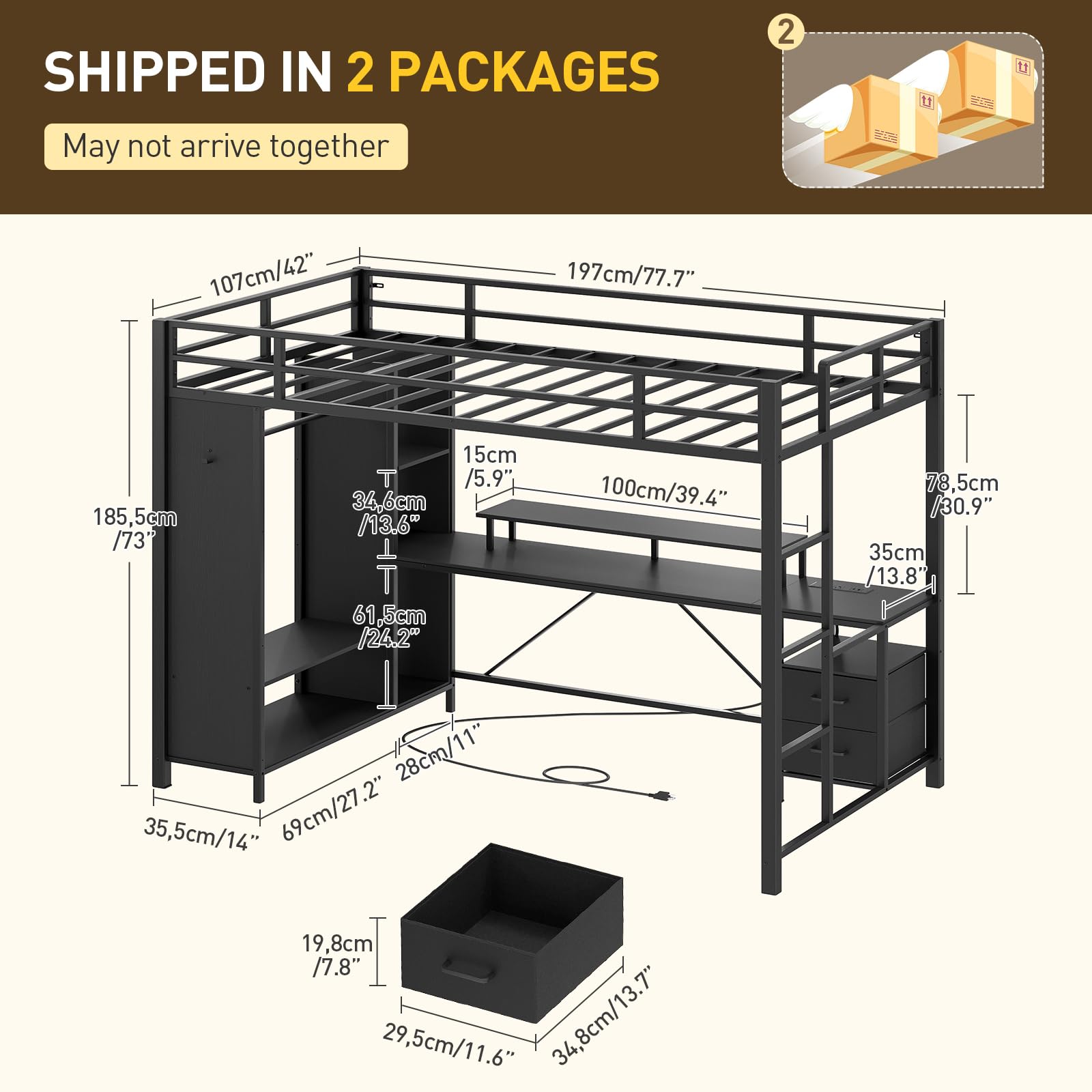 Twin Size Loft Bed with Desk & Charging Station