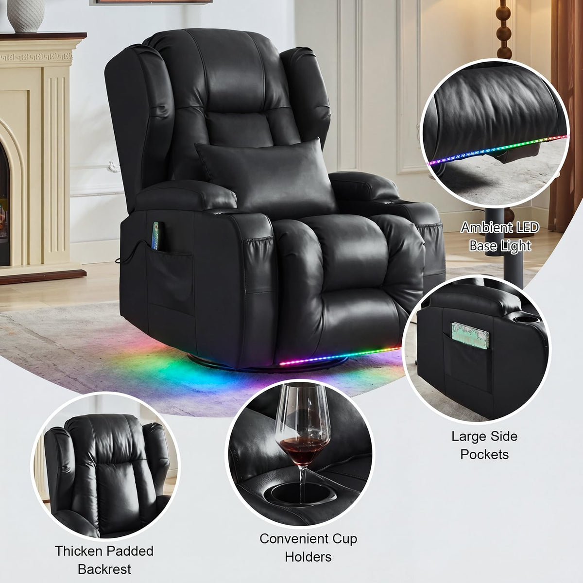 Oprisen Power Swivel Rocker Recliner Chair Home Theater Seating, Dual Motor Electric Upholstered Movie Gaming Reclining Sofa with Heat Massage/4 Modes LED Light/USB Port/Cup Holders/Pockets